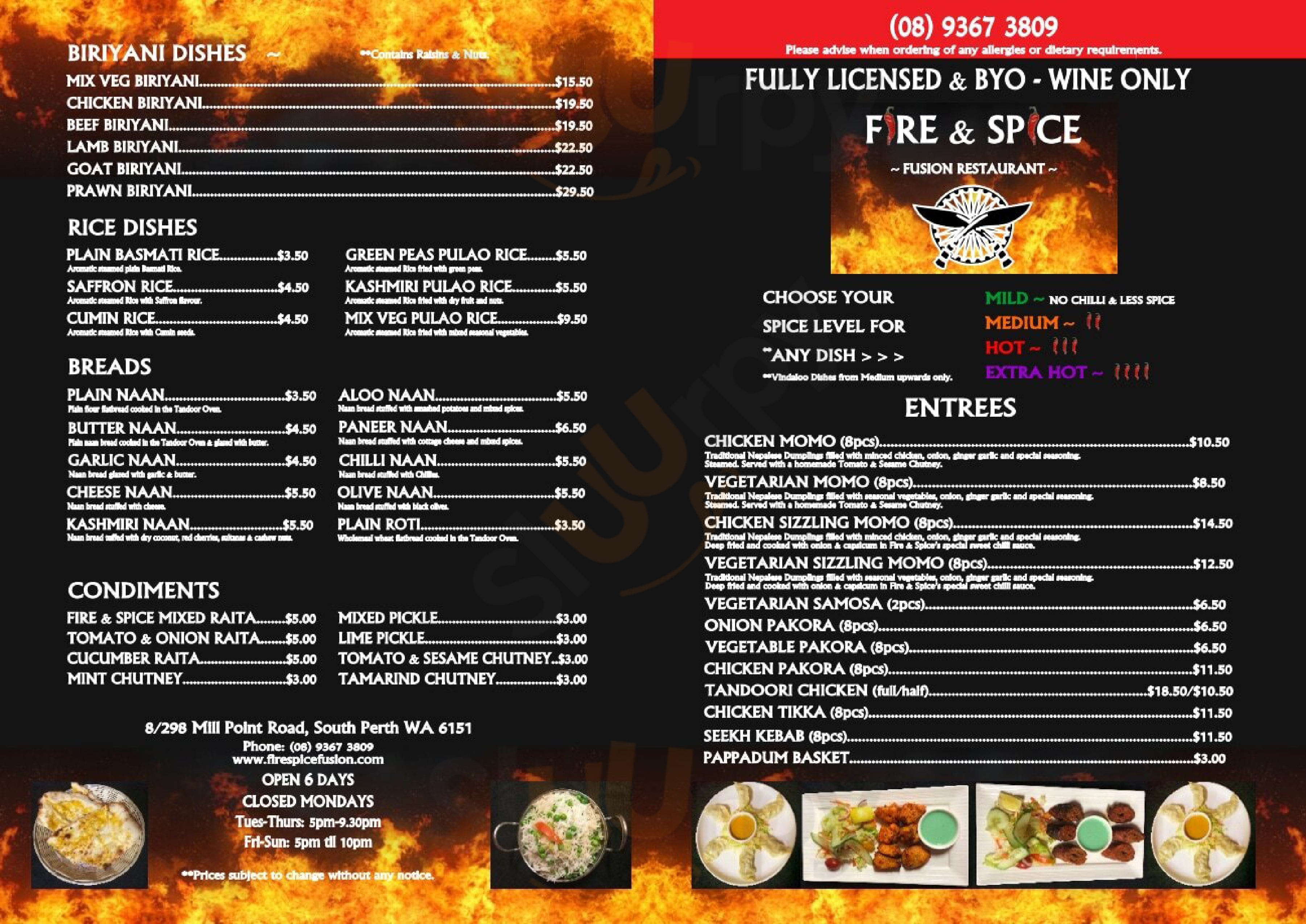 Fire & Spice - Fusion Restaurant South Perth Menu - 1