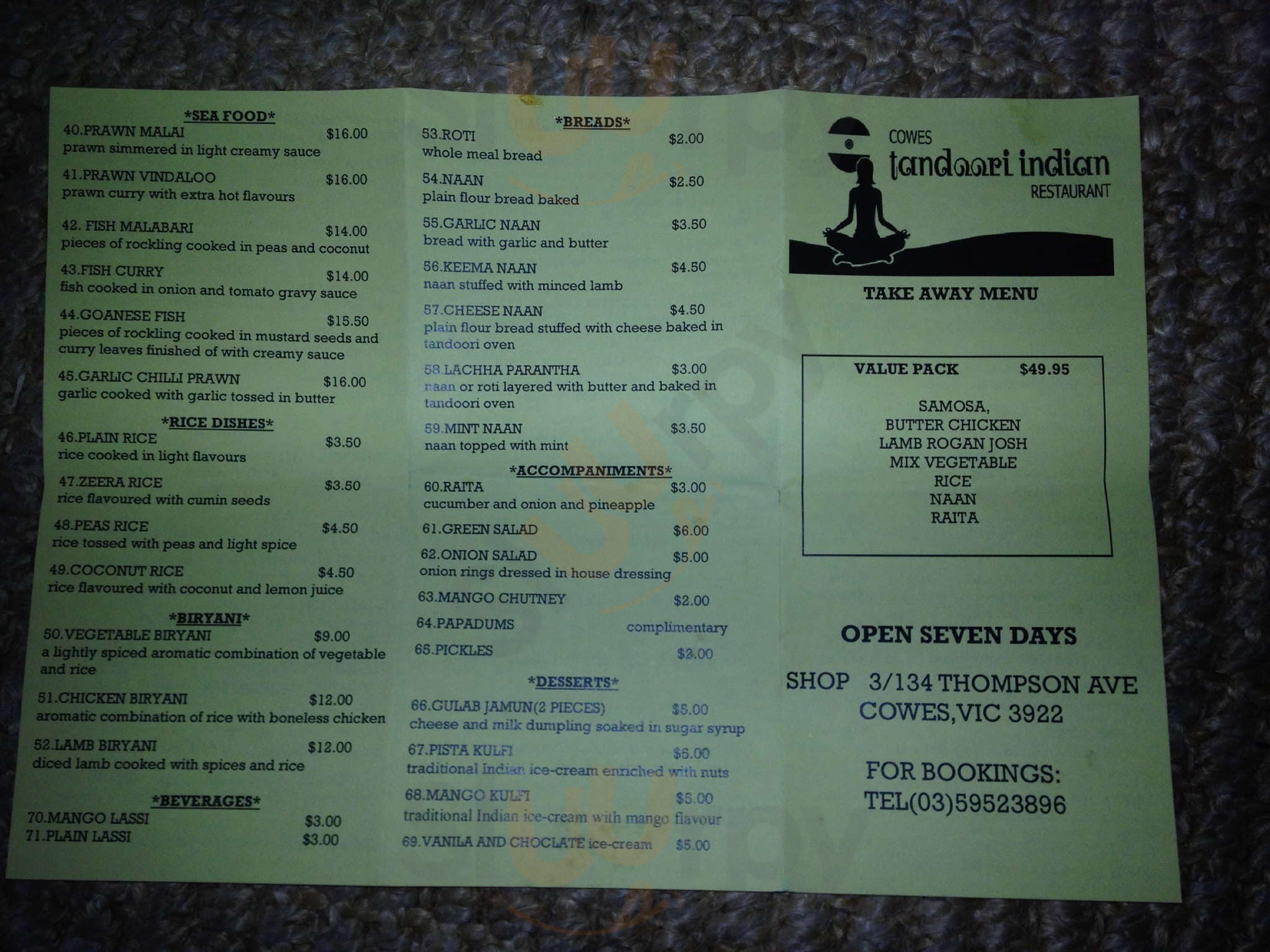 Cowes Indian Restaurant Phillip Island Menu - 1