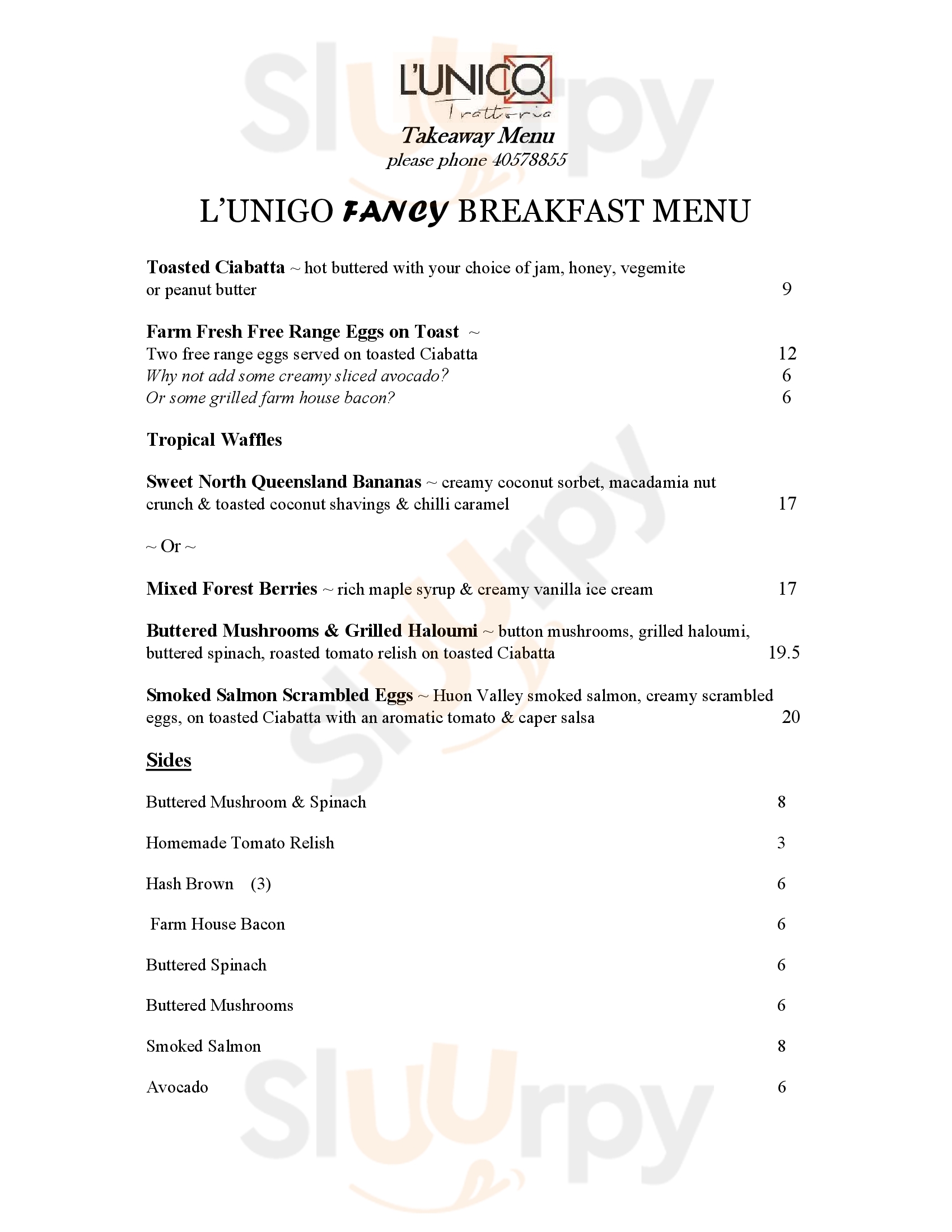 L'unico Trattoria Italiano Trinity Beach Menu - 1