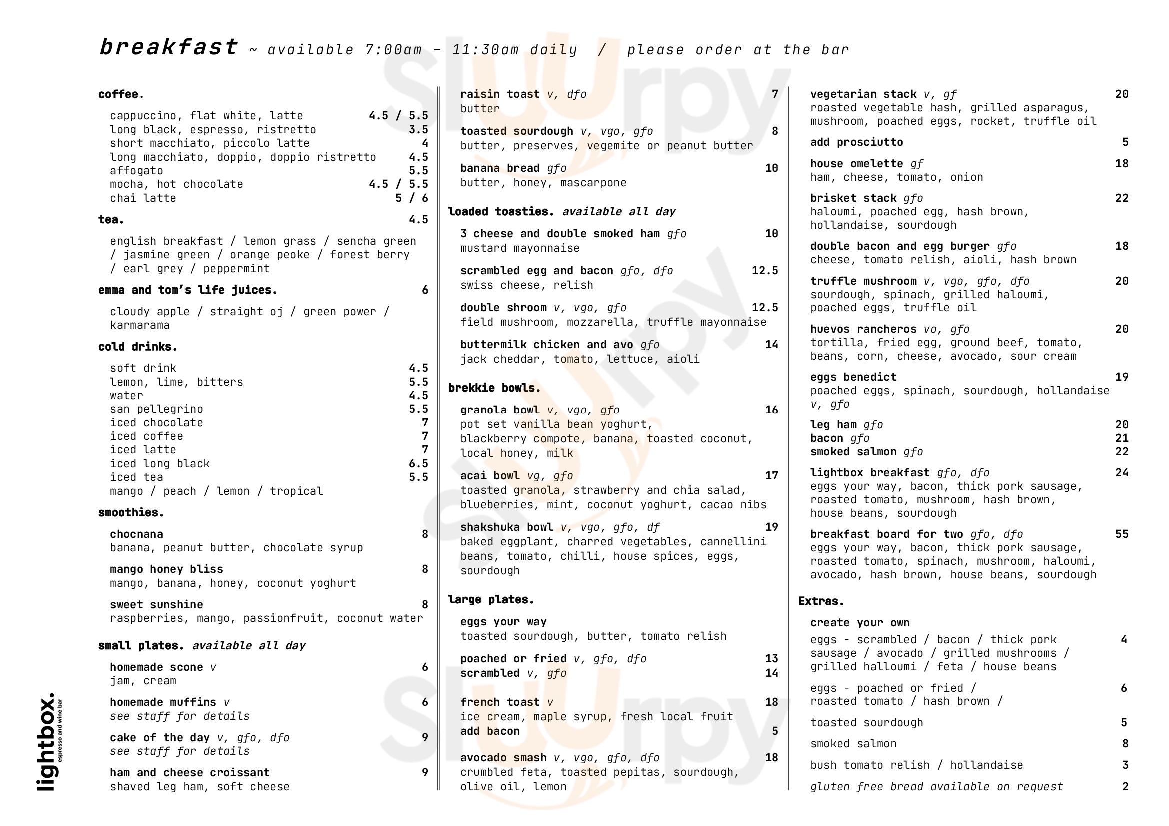 Lightbox. Espresso + Wine Bar Gladstone Menu - 1