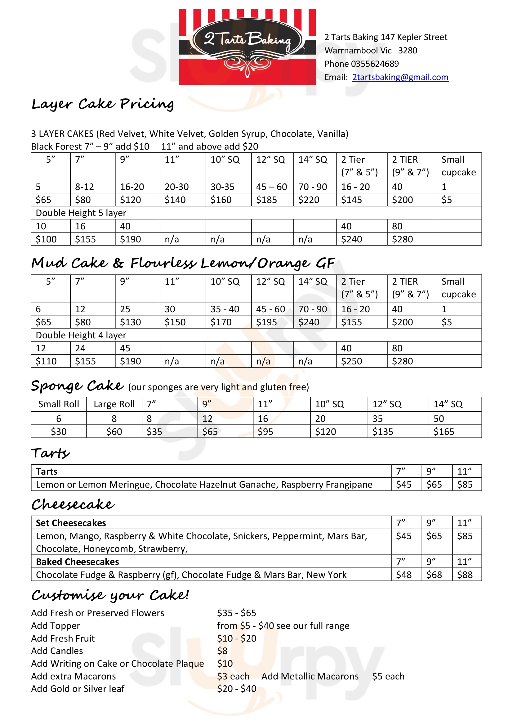 2 Tarts Baking Warrnambool Menu - 1