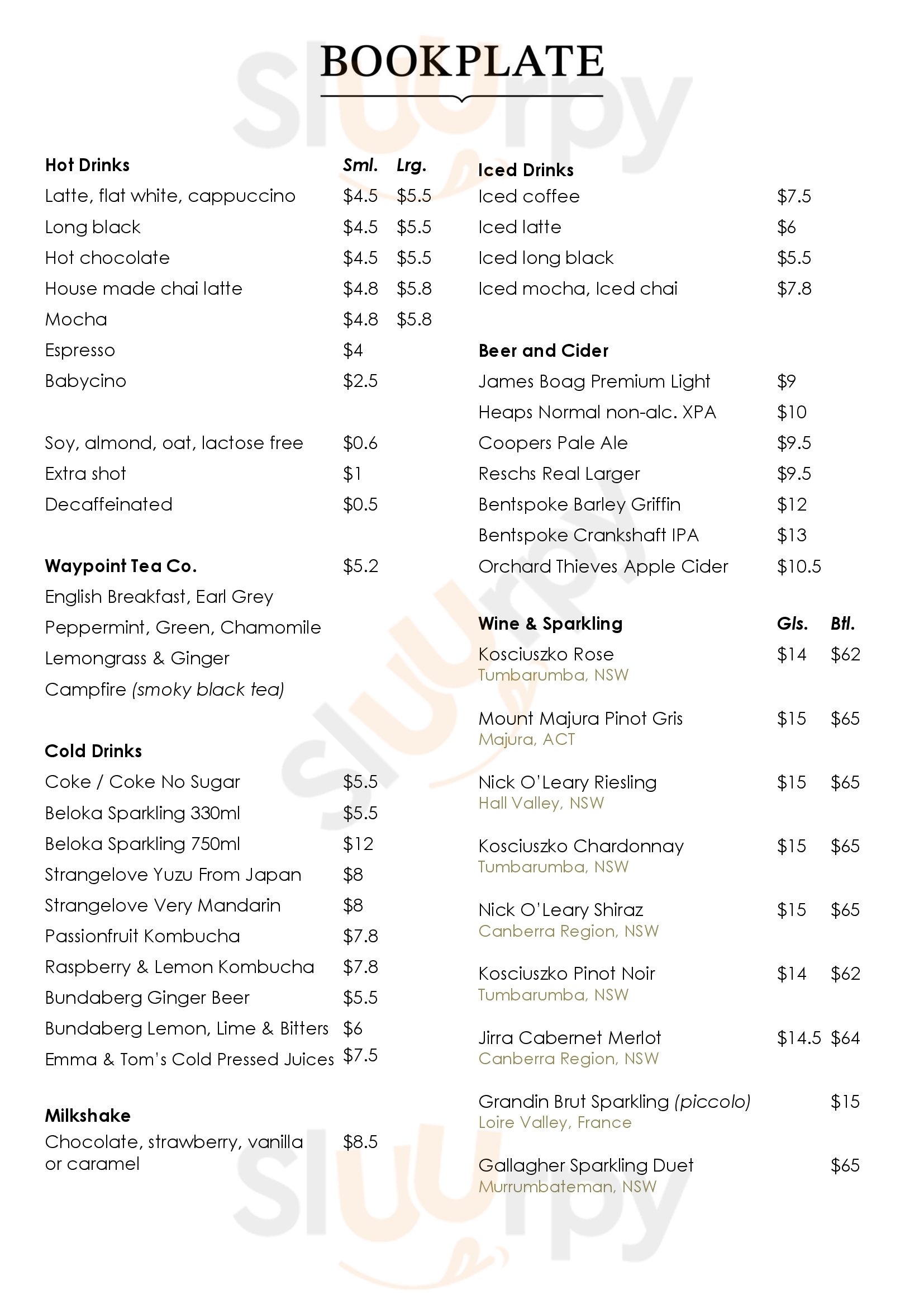 Bookplate Canberra Menu - 1