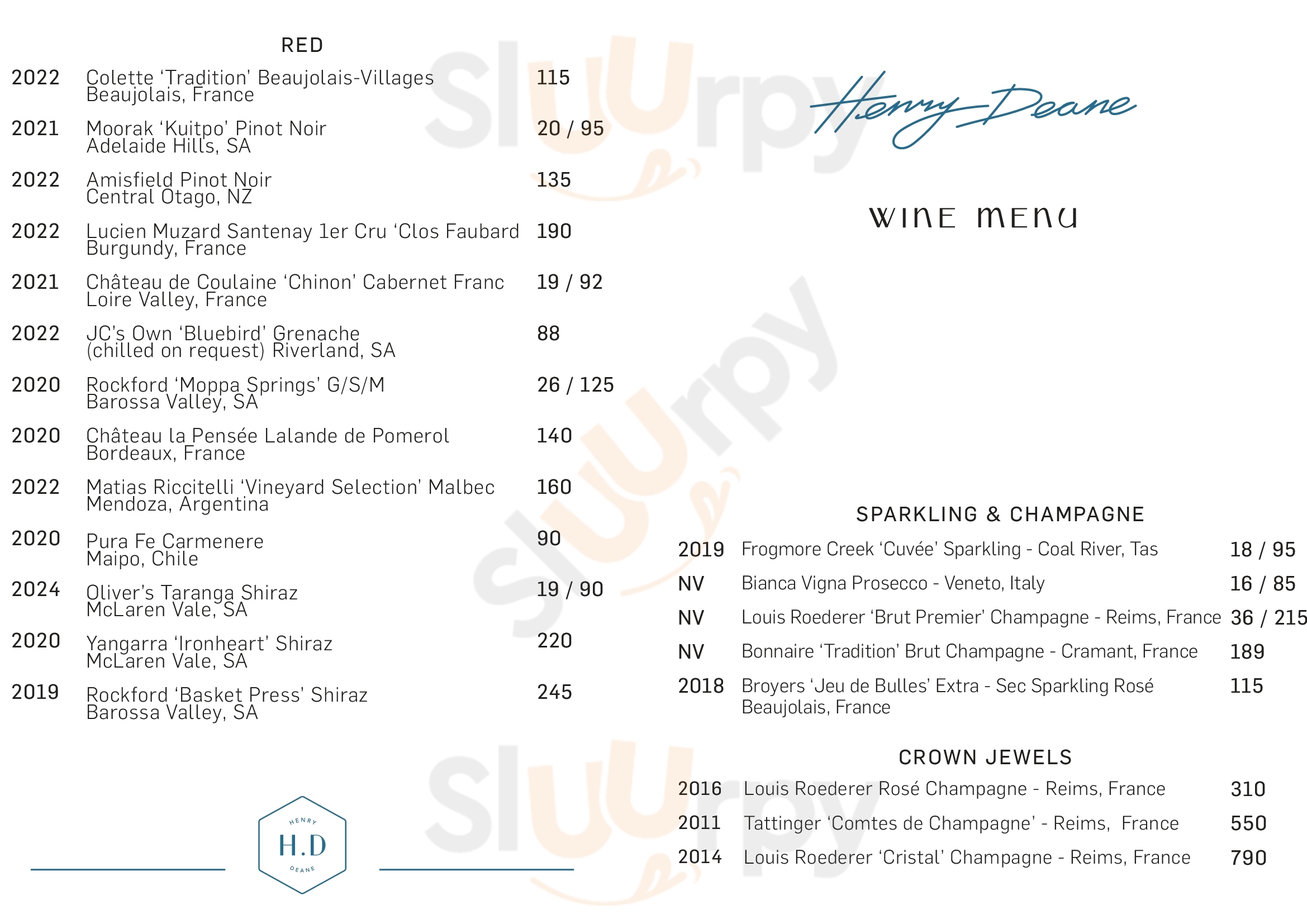 Main Menu - Henry Deane At Hotel Palisade