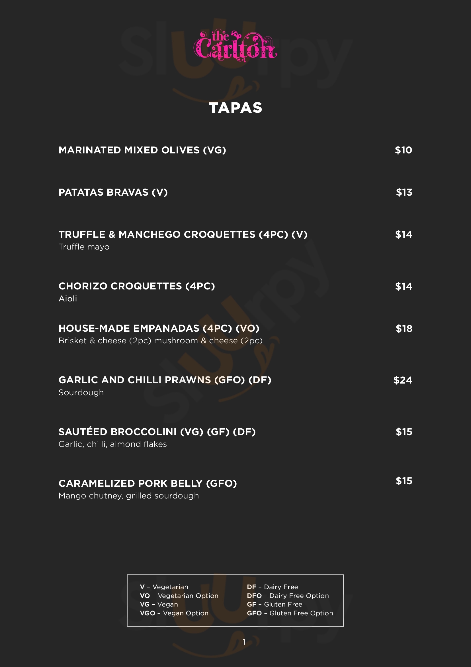 Main Menu - The Carlton Bar, Balcony & Dining Room