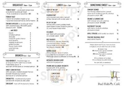 Bad Habits Cafe menu