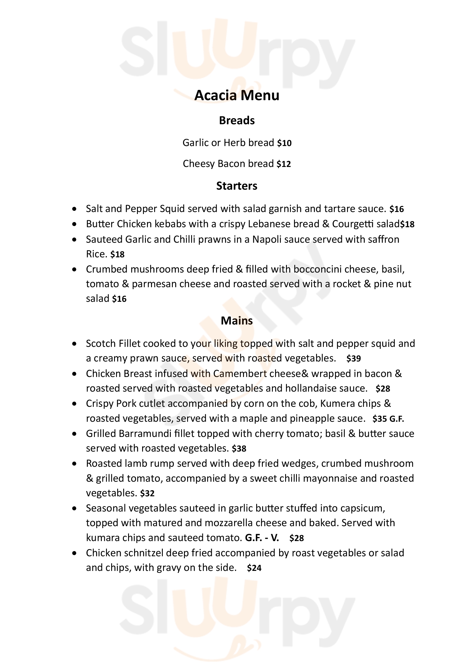 Acacia Motor Lodge Restuarant Coonabarabran Menu - 1