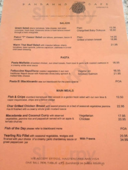 Pandanus Cafe menu