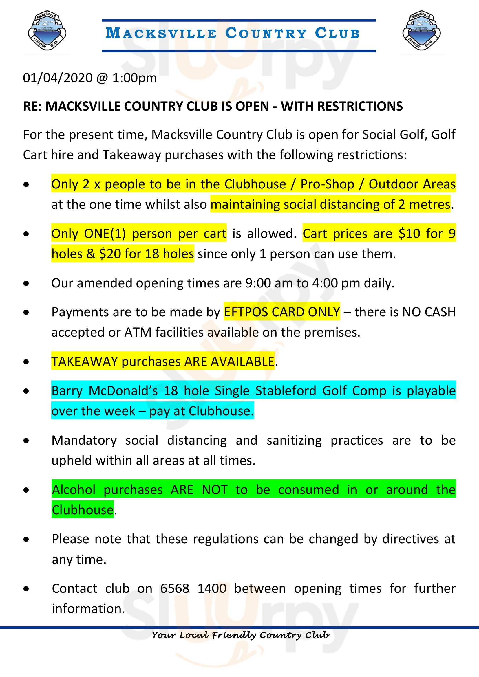 Macksville Country Club Macksville Menu - 1