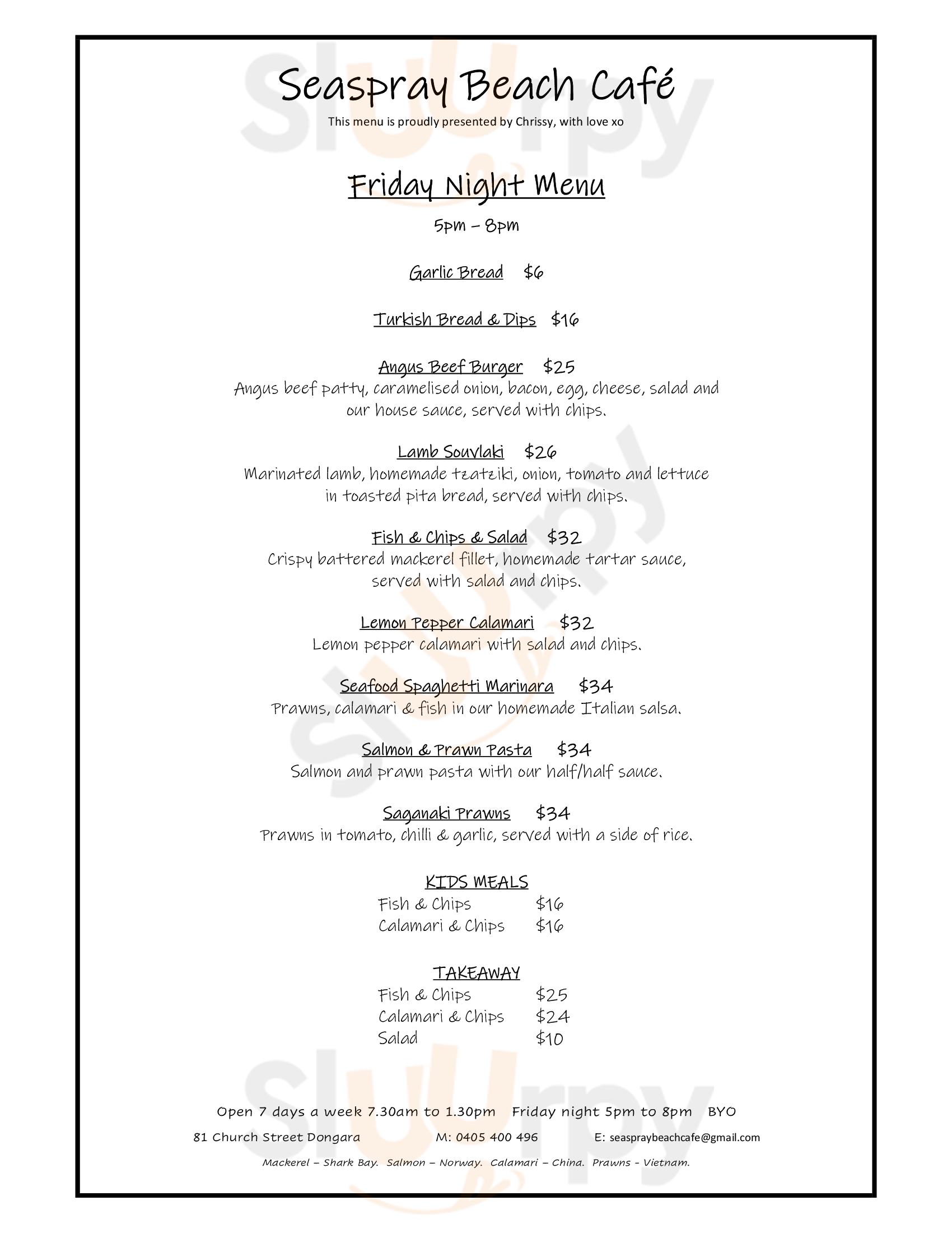 Seaspray Beach Cafe Dongara Menu - 1