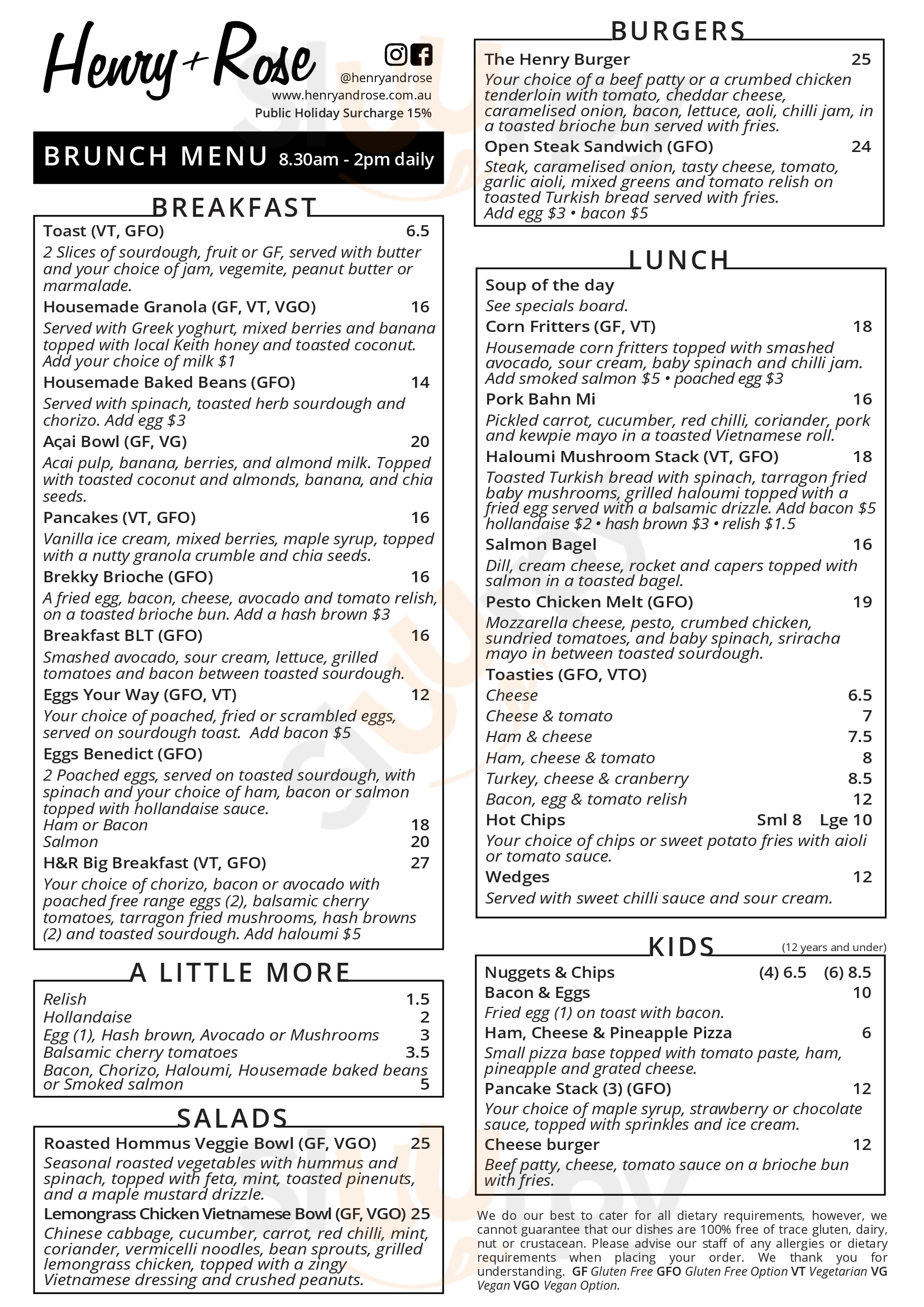 Henry And Rose Cafe Keith Menu - 1