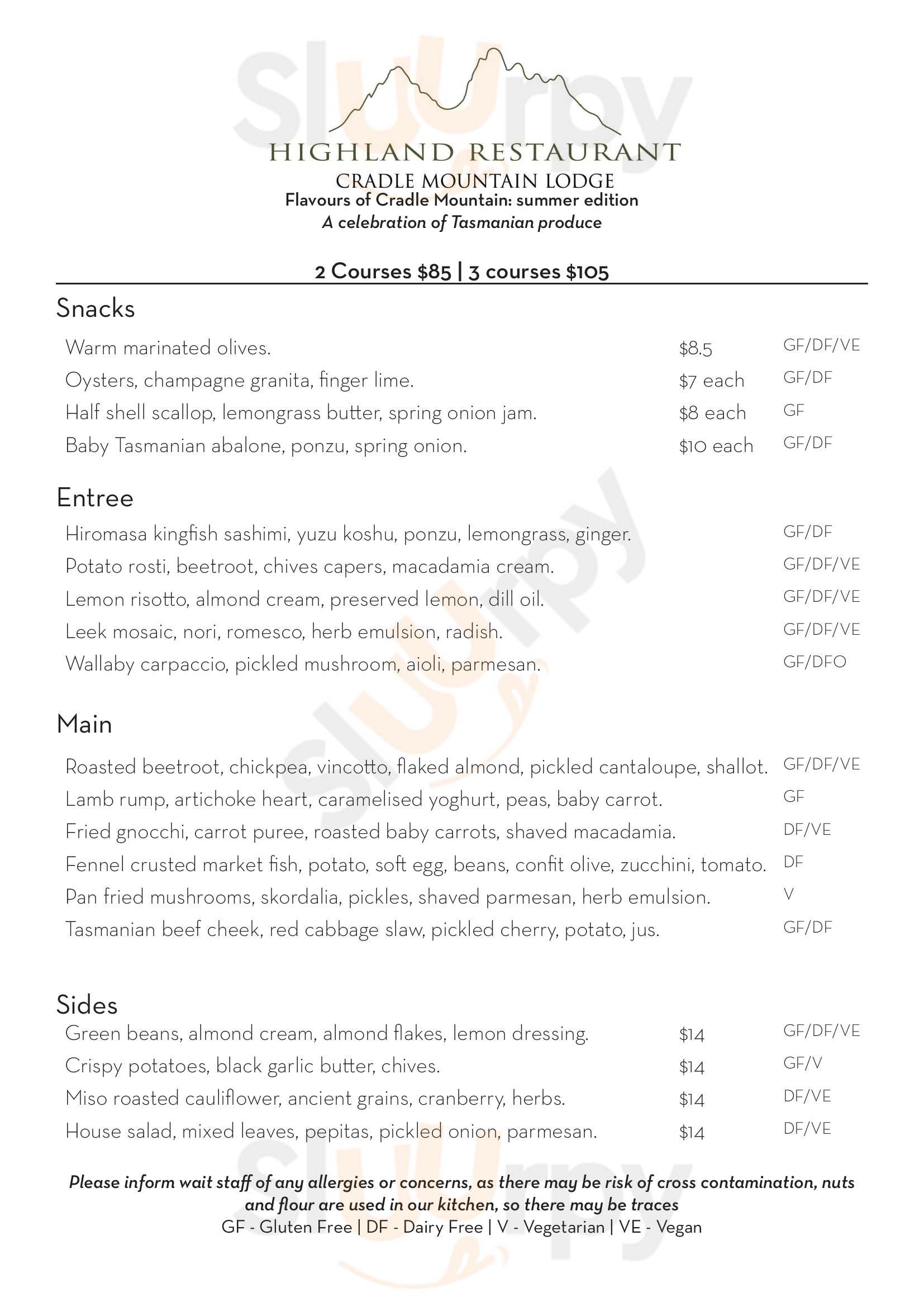 Highland Restaurant Cradle Mountain-Lake St. Clair National Park Menu - 1