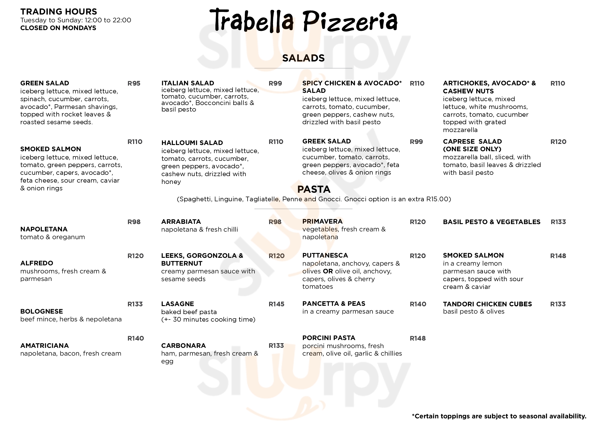 Trabella Pizzeria Parkview Johannesburg Menu - 1