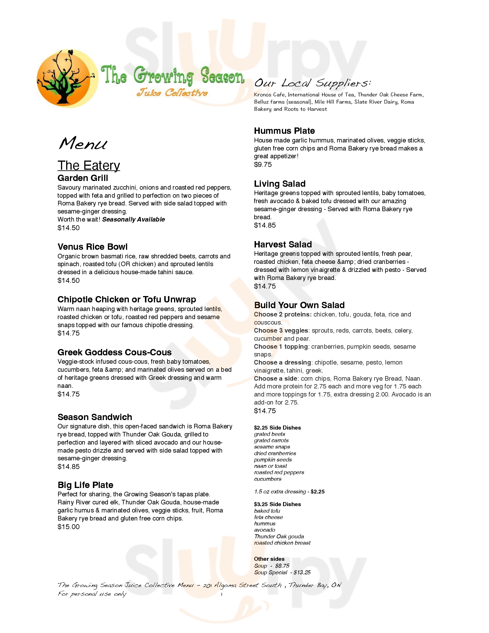 The Growing Season Juice Collective Thunder Bay Menu - 1