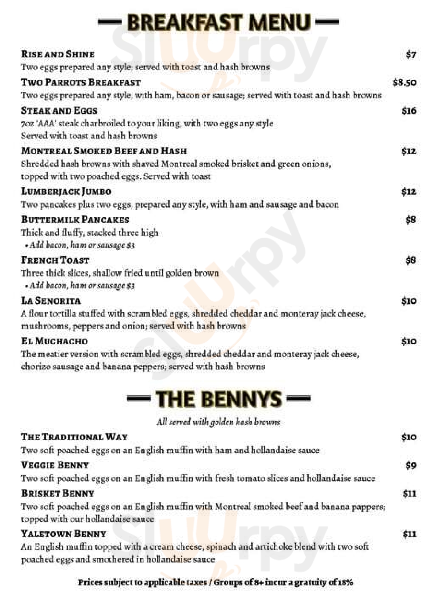 The Two Parrots Bar And Grill Vancouver Menu - 1