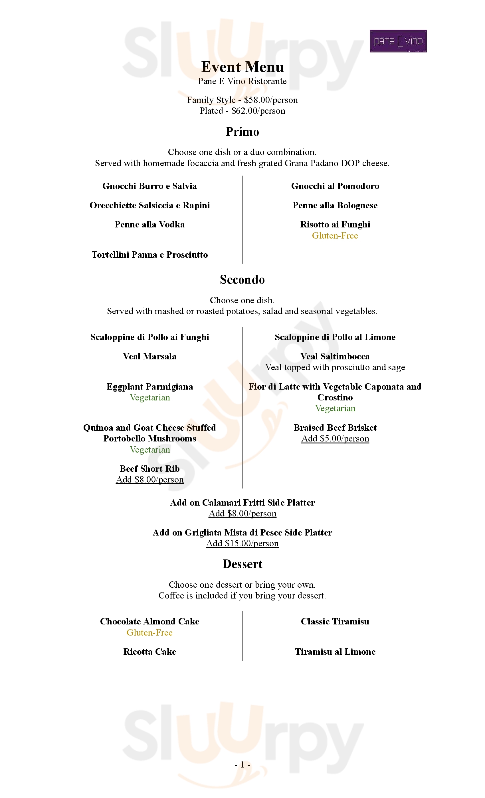 Main Menu - Pane E Vino Restaurant And Catering