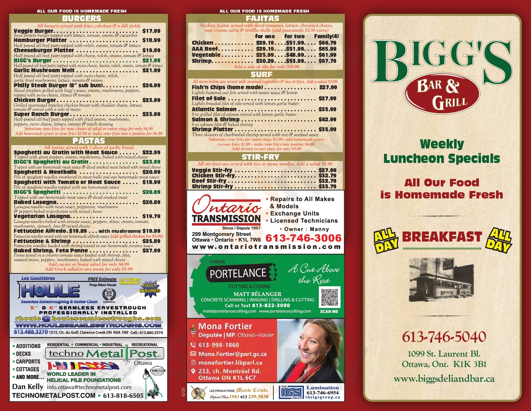 Main Menu - Bigg's Deli & Bar