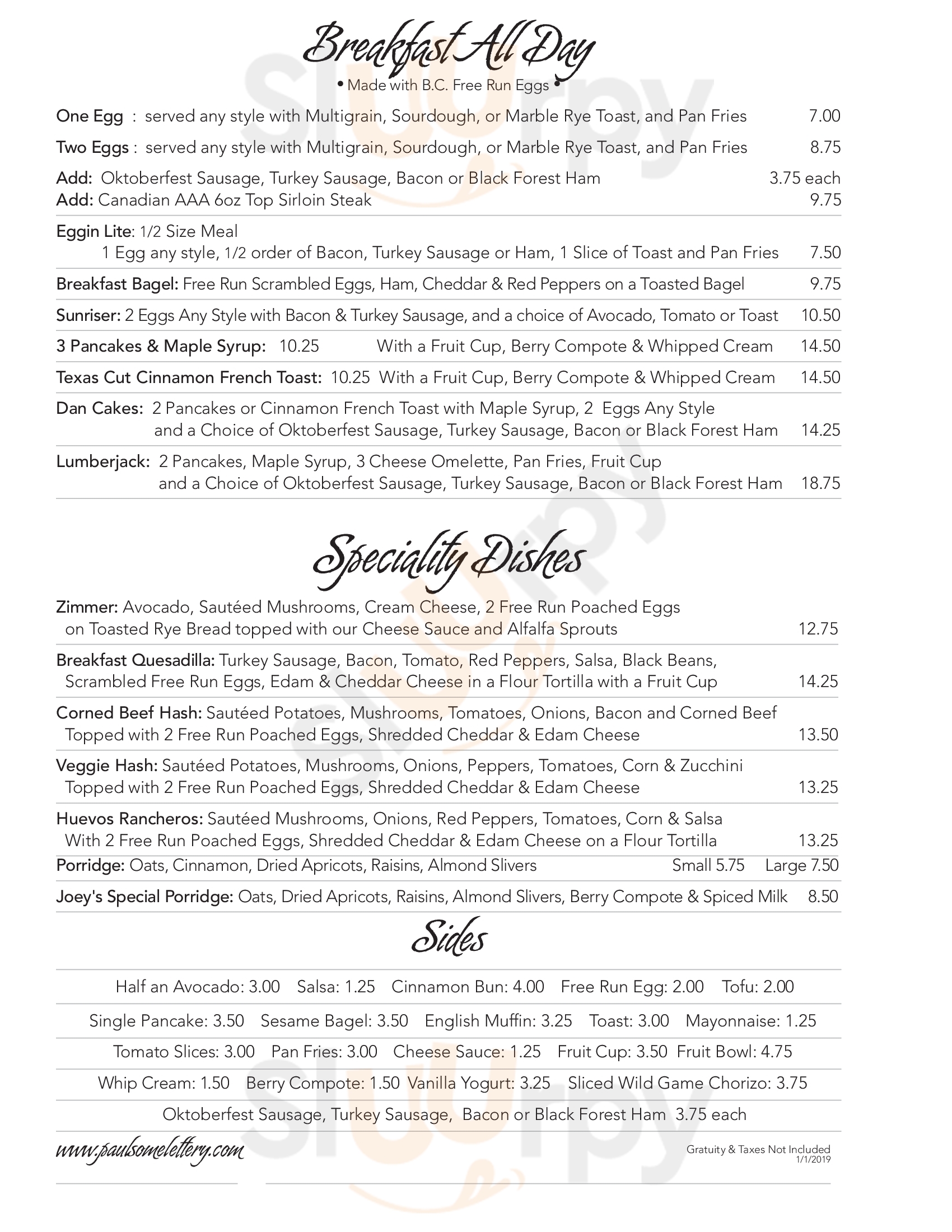 Paul's Place Omelettery Restaurant Vancouver Menu - 1