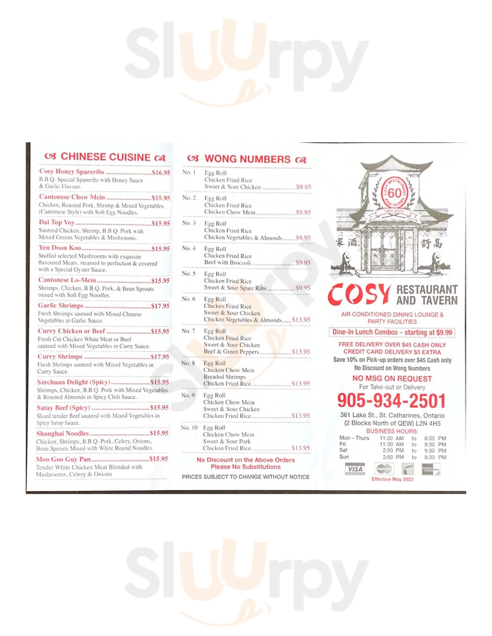 Cosy Restaurant & Tavern St. Catharines Menu - 1