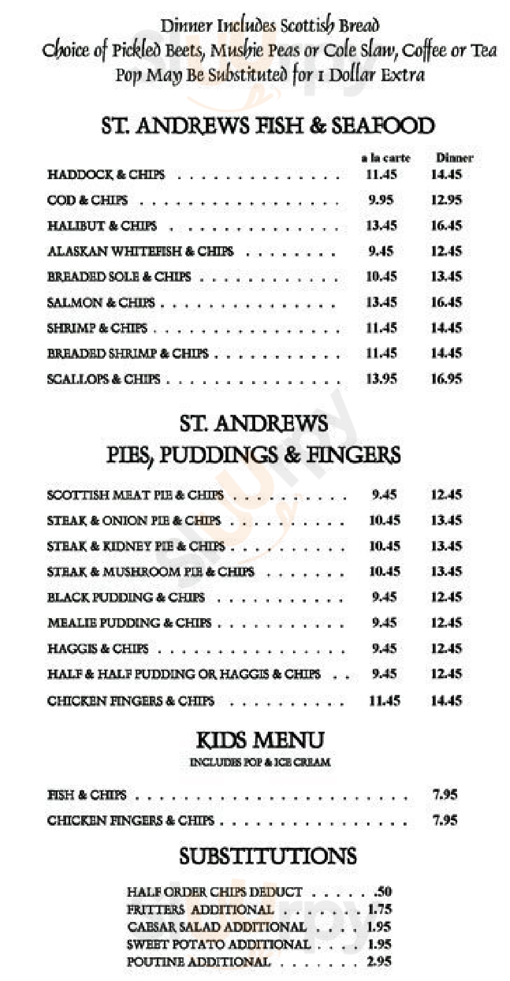 St Andrews Fish & Chips Restaurant Toronto Menu - 1