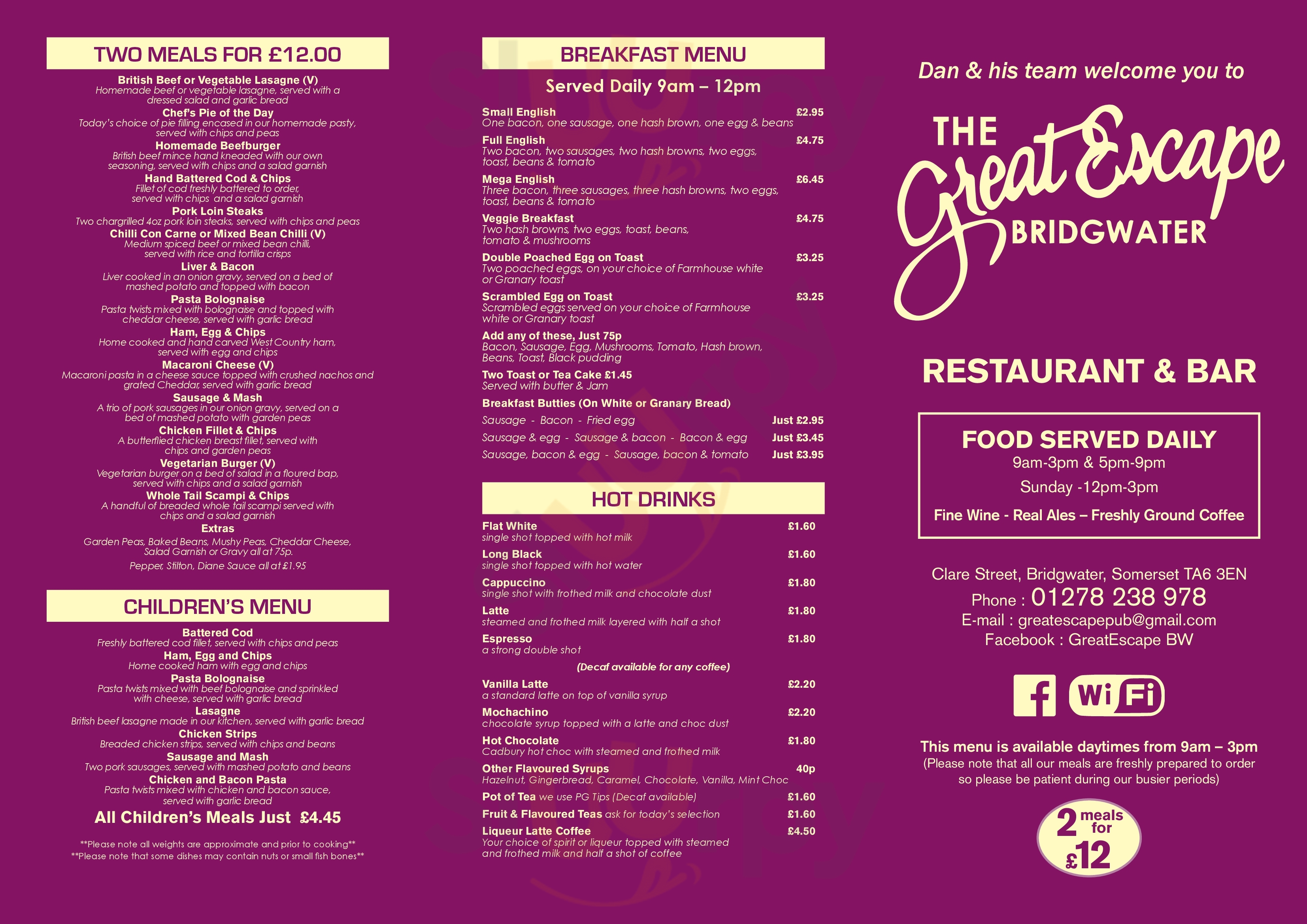 The Great Escape Bridgwater Menu - 1