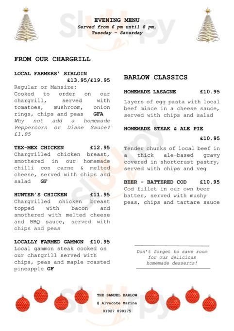 Samuel Barlow Bar & Restaurant menu