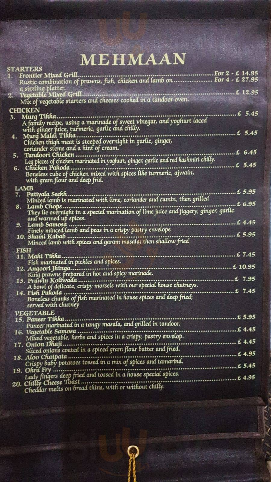 Mehmaan Rustic Indian Restaurant Wisbech Menu - 1