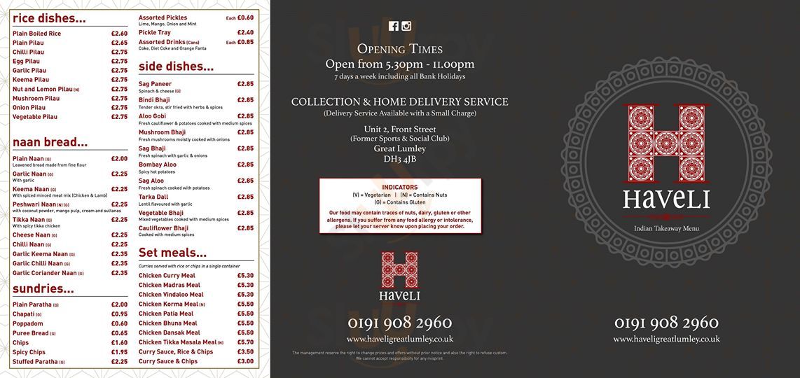 Haveli Great Lumley Chester-le-Street Menu - 1