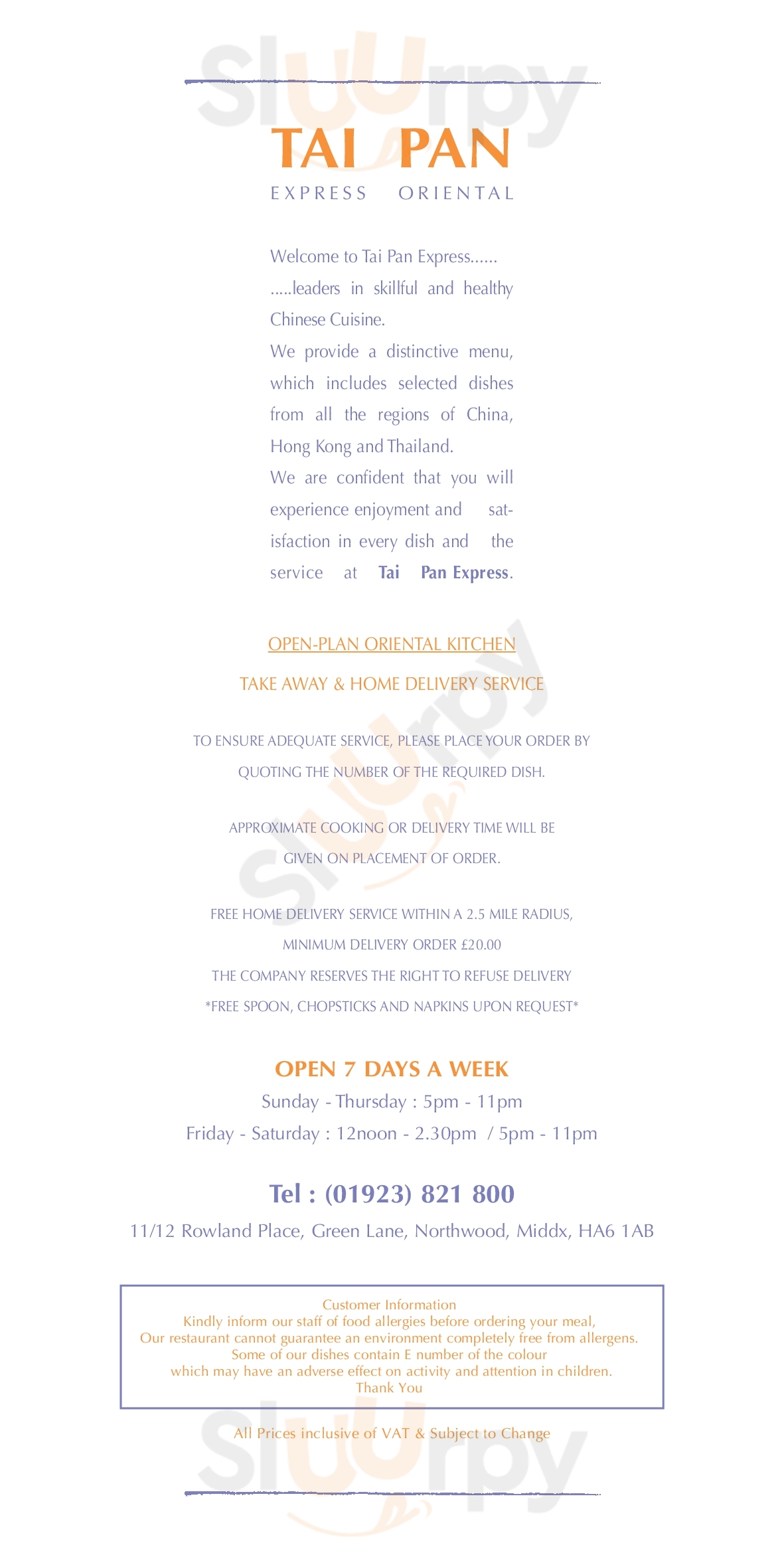 Tai Pan Restaurant Northwood Menu - 1