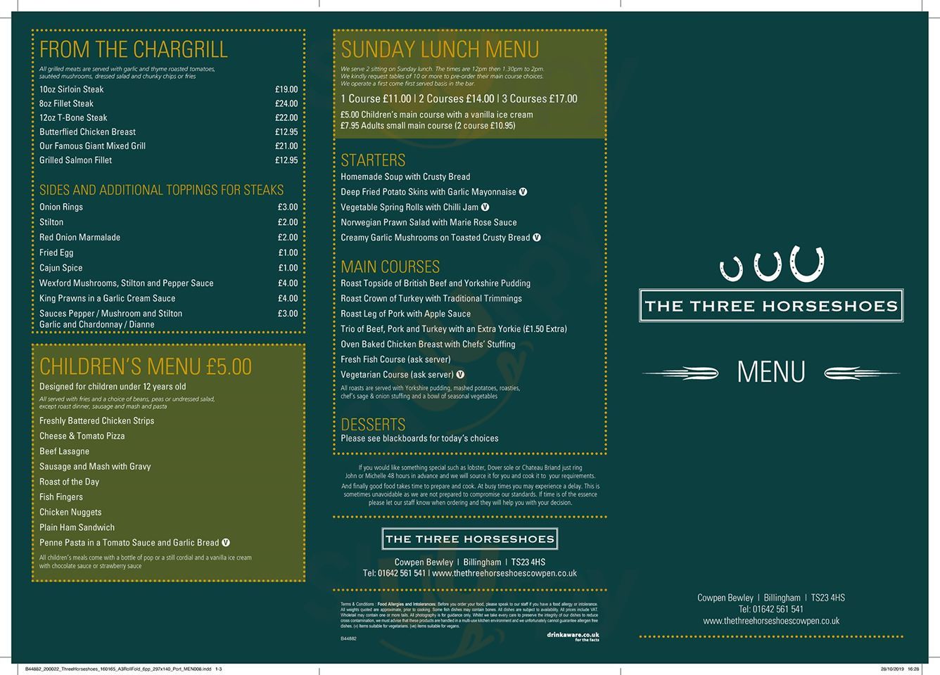 The Three Horseshoes Cowpen Bewley Menu - 1