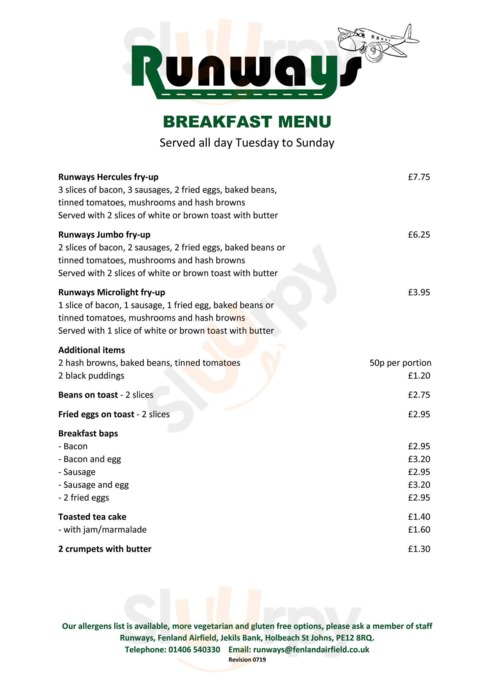 Runways Restaurant menu