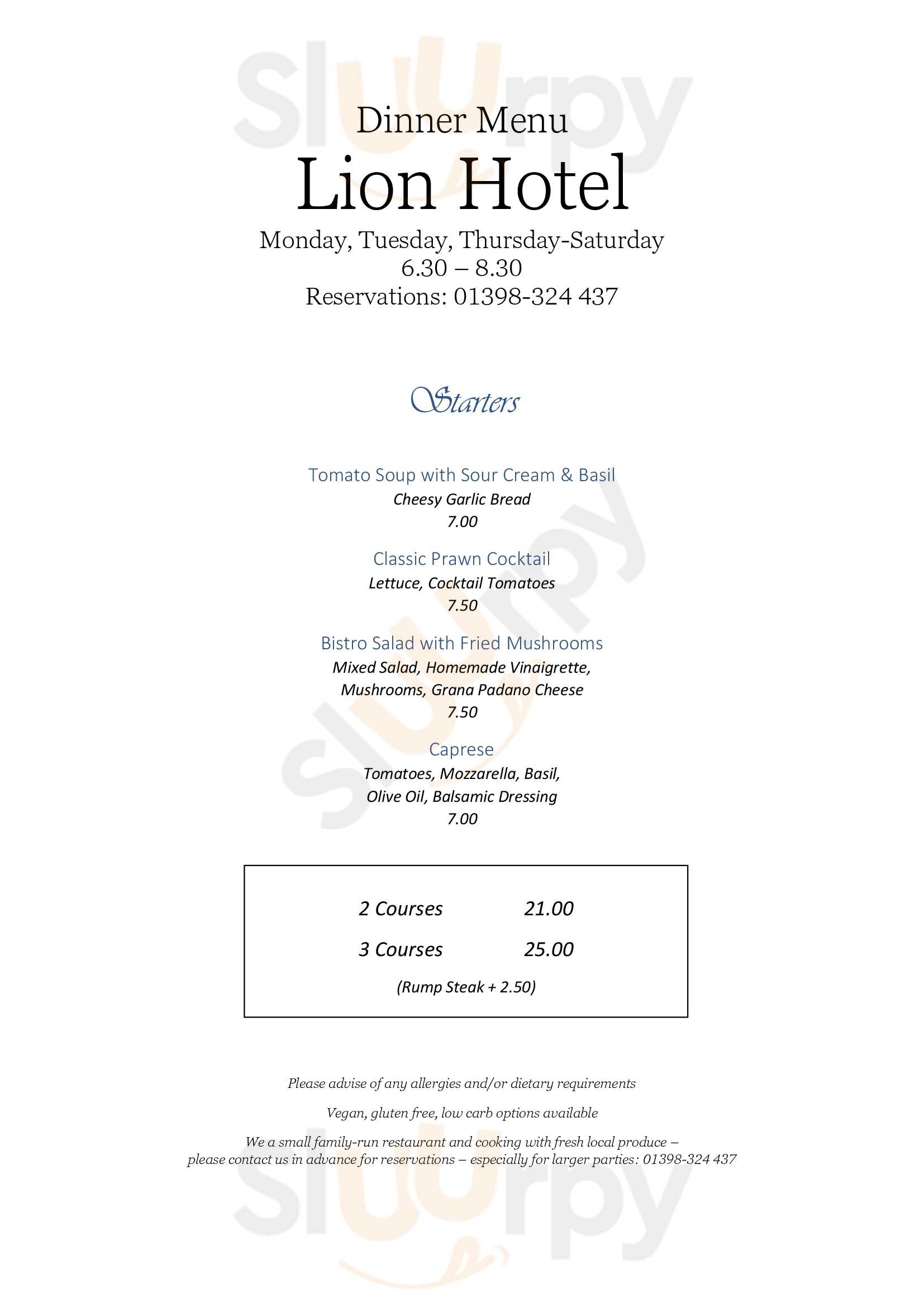 The Lion Hotel Restaurant Dulverton Menu - 1