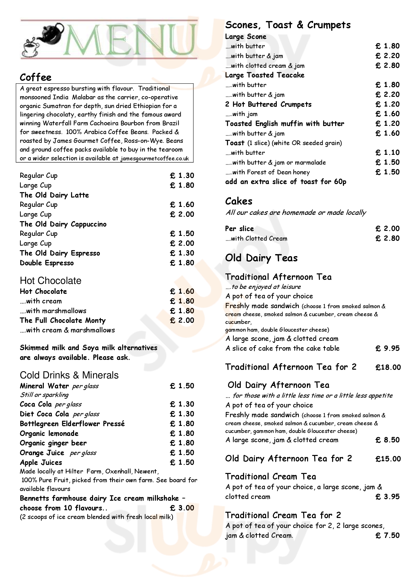 Old Dairy Tearoom Longhope Menu - 1