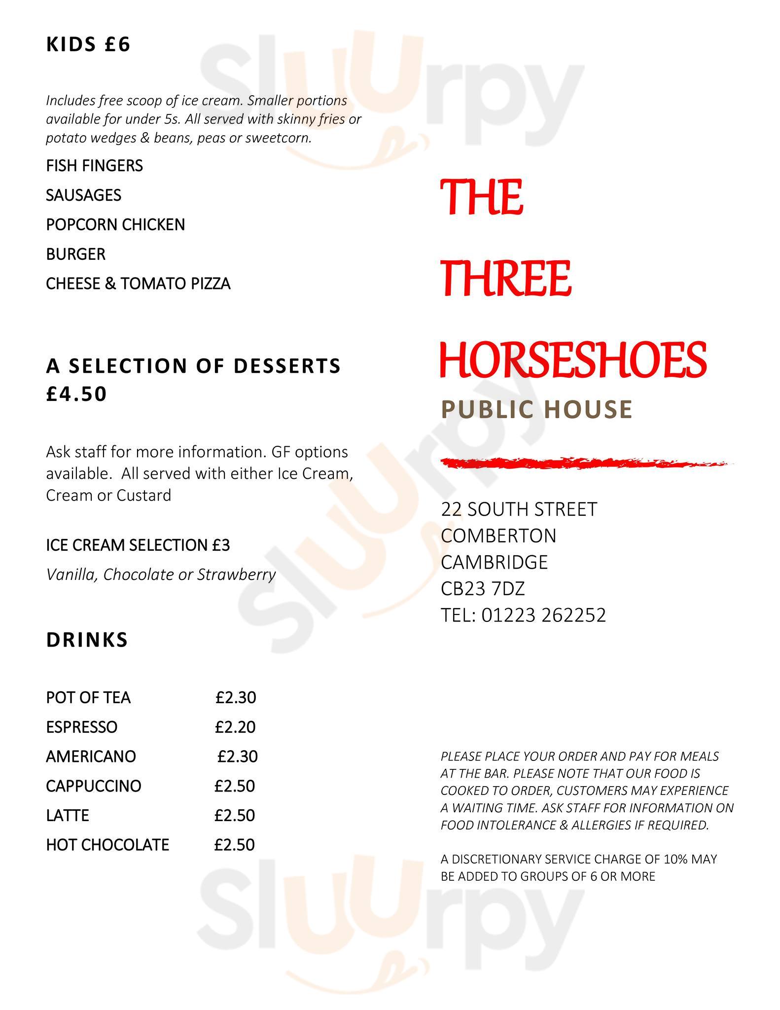 The Three Horseshoes menù, Comberton Main Menu Sluurpy