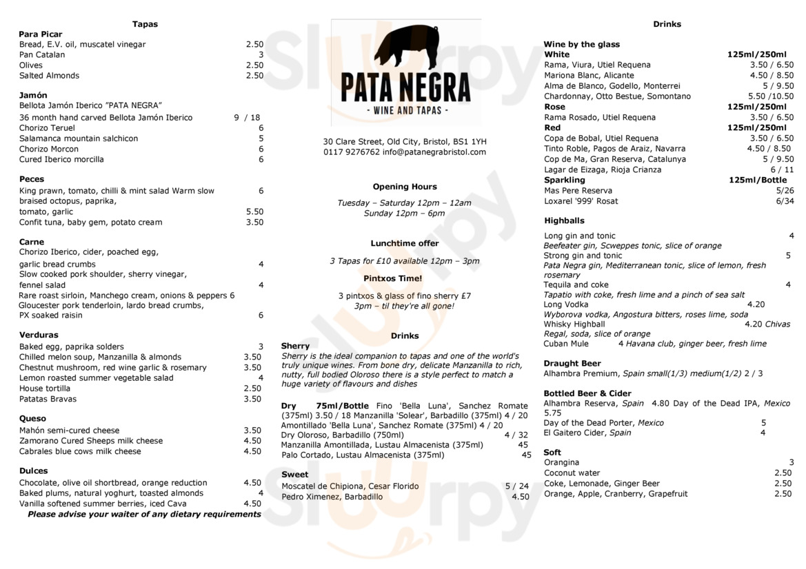 Four Wise Monkeys, Bristol - 30 Clare Street - Menu and Prices