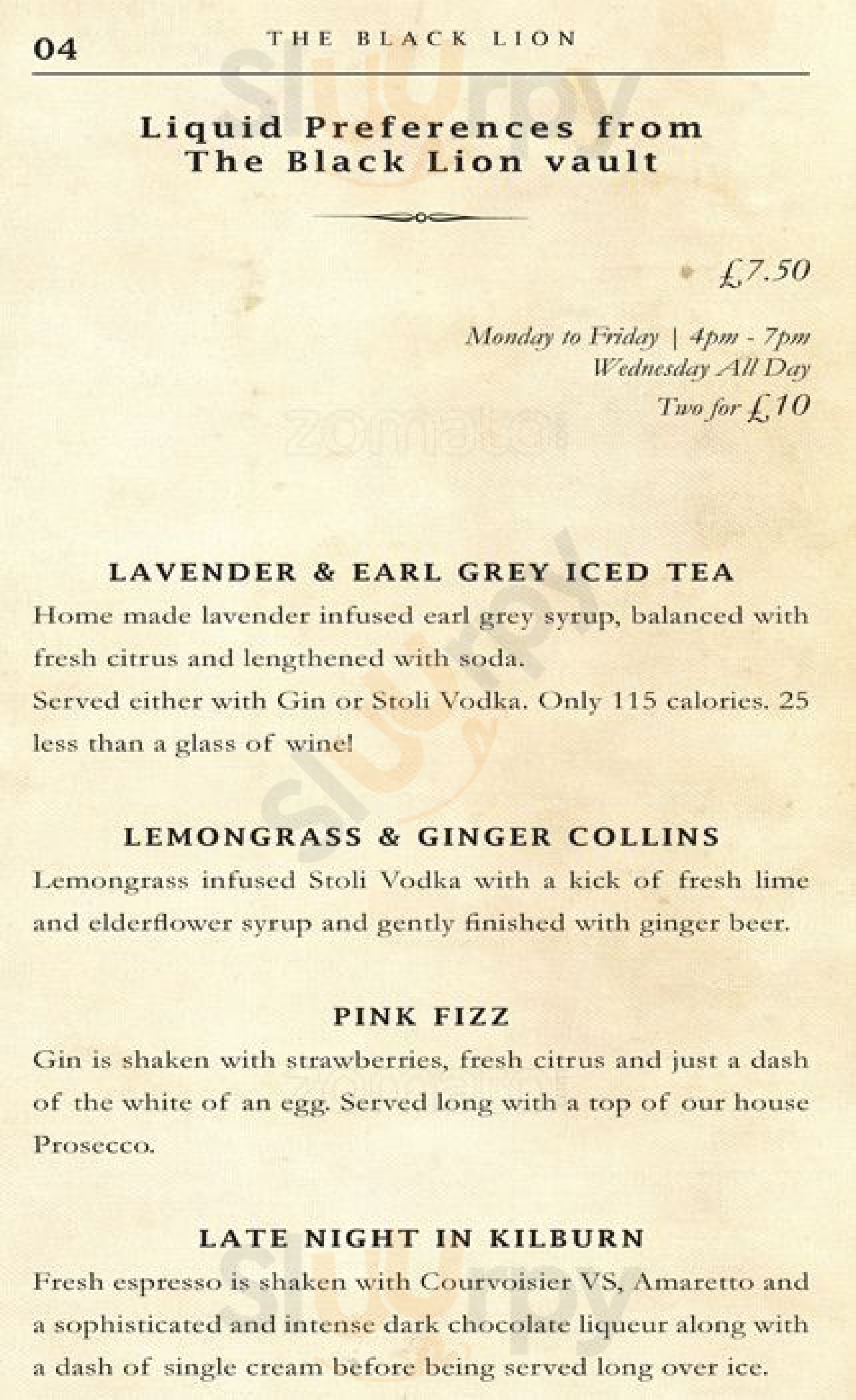 The Black Lion Pub & Boutique Rooms London Menu - 1