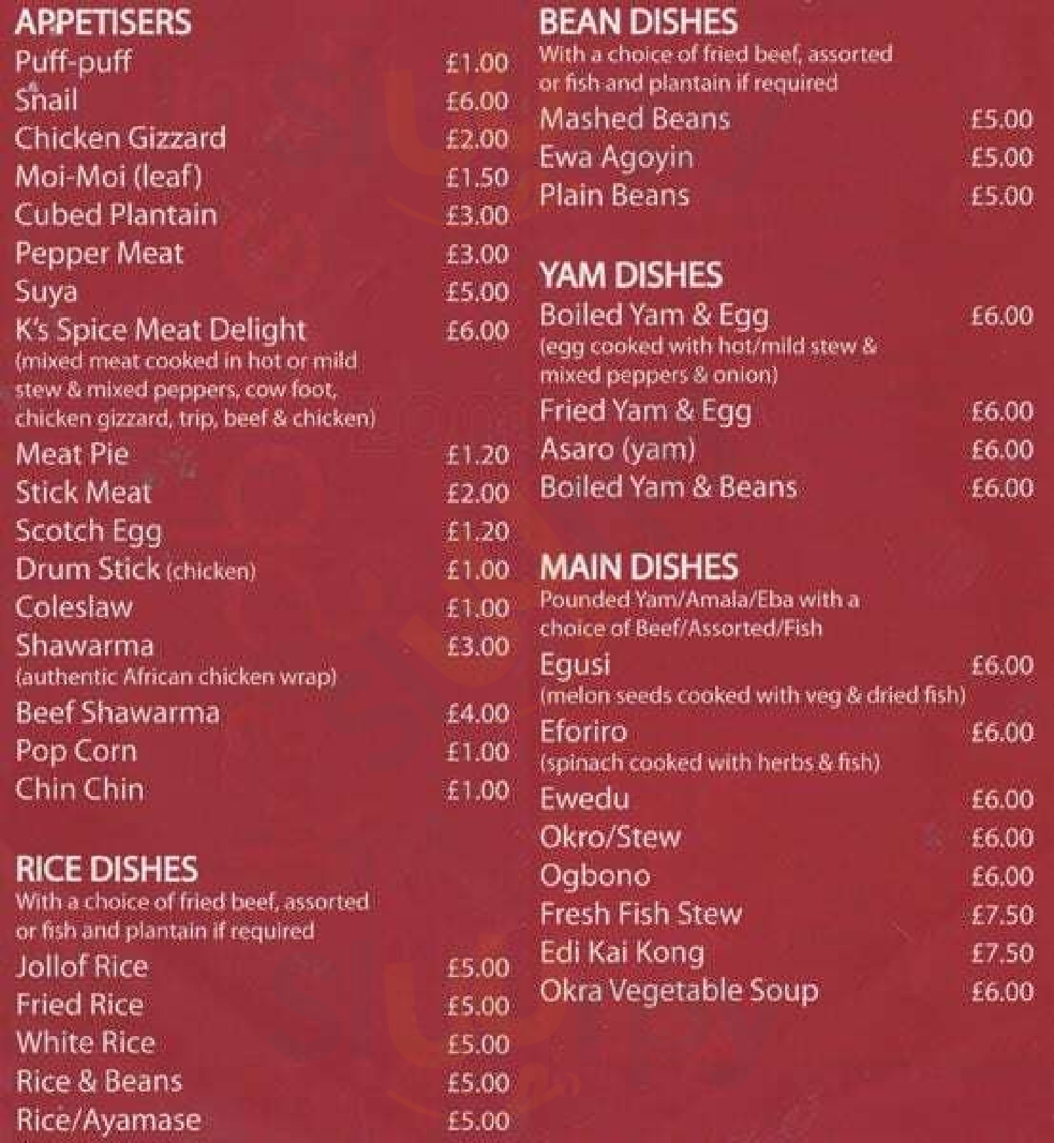 Main Menu - K’s Spice African Restaurant