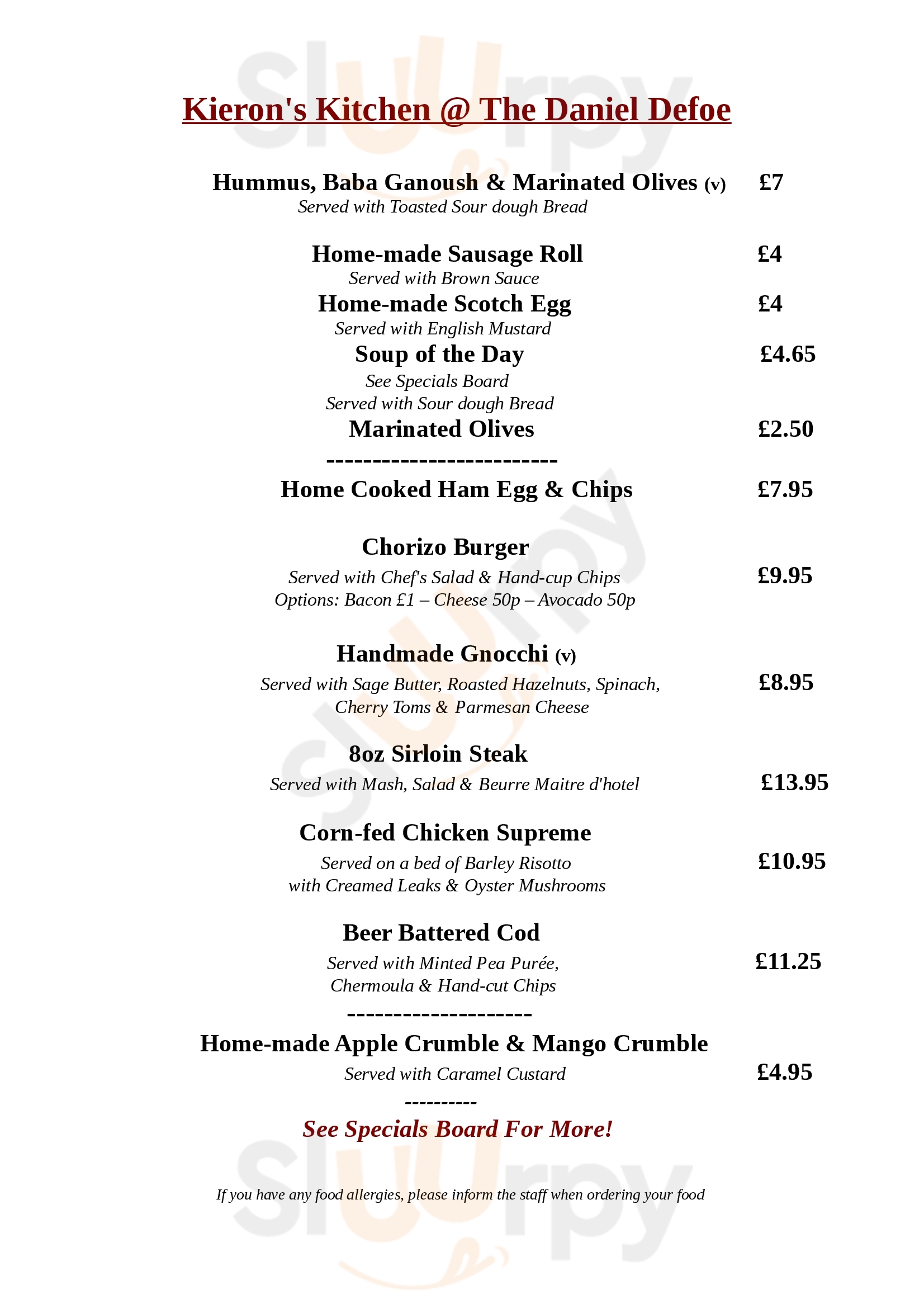 Daniel Defoe London Menu - 1