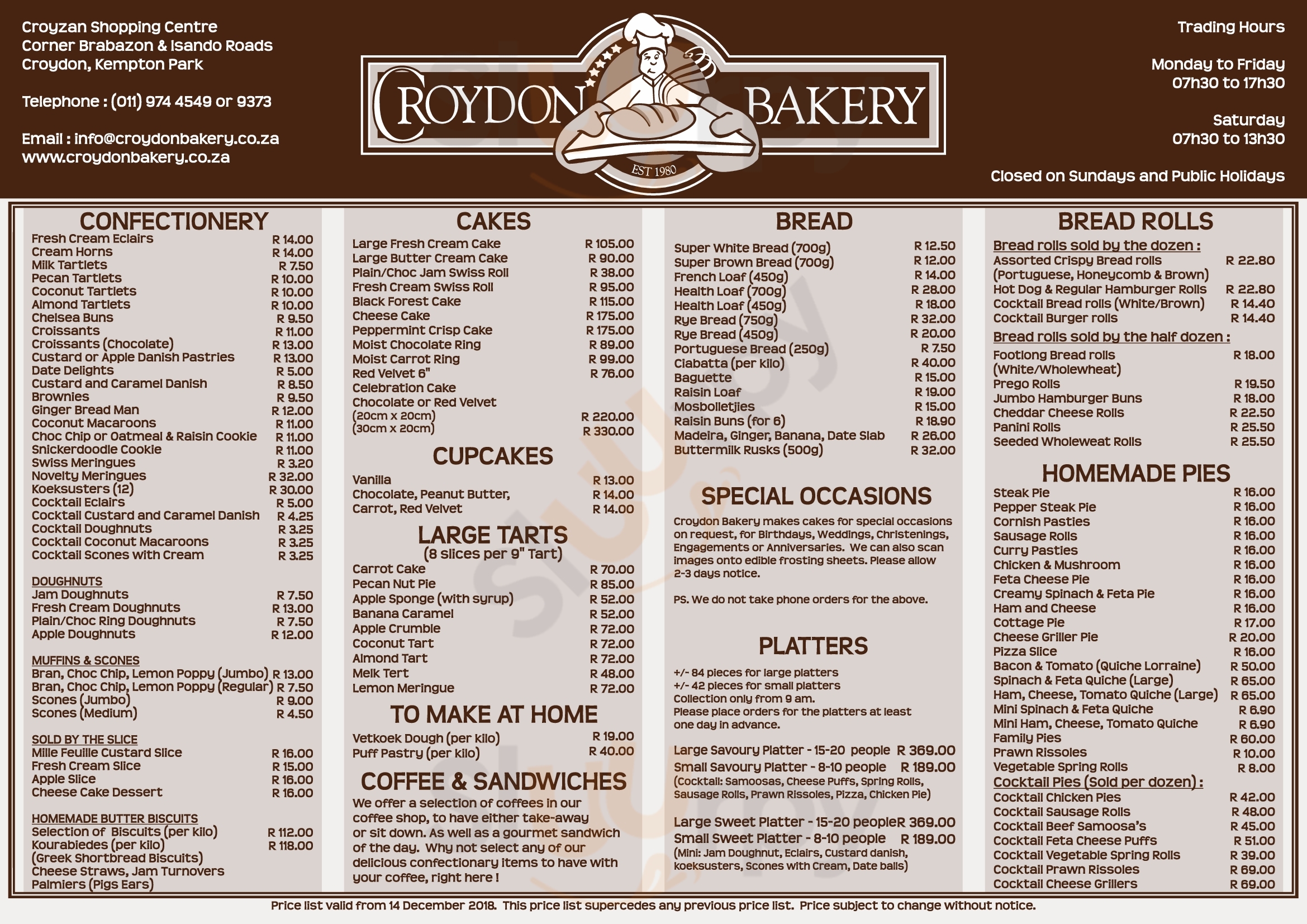 Croydon Bakery Kempton Park Menu - 1