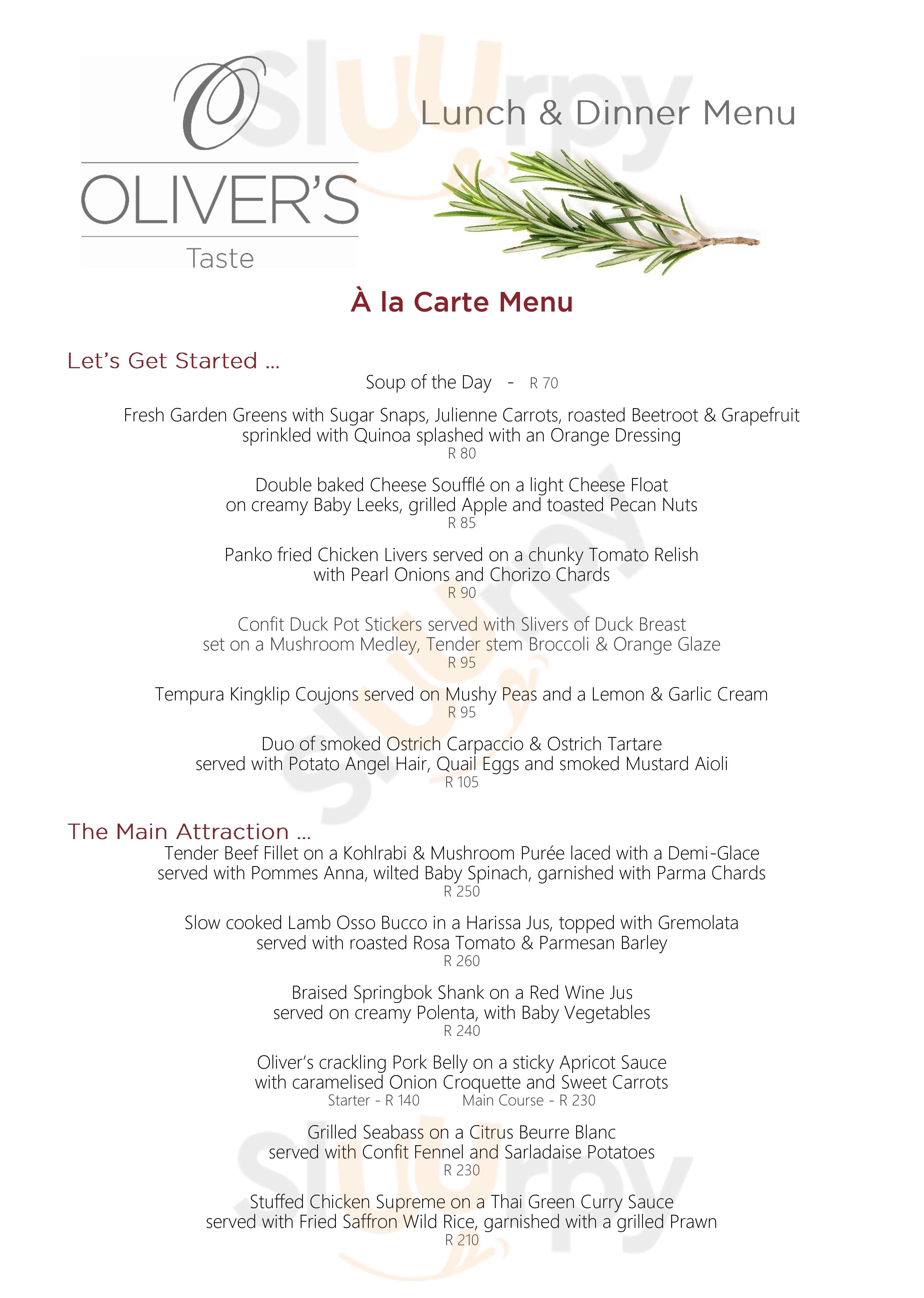 Olivers Restaurant, Lodge And Wellness White River Menu - 1