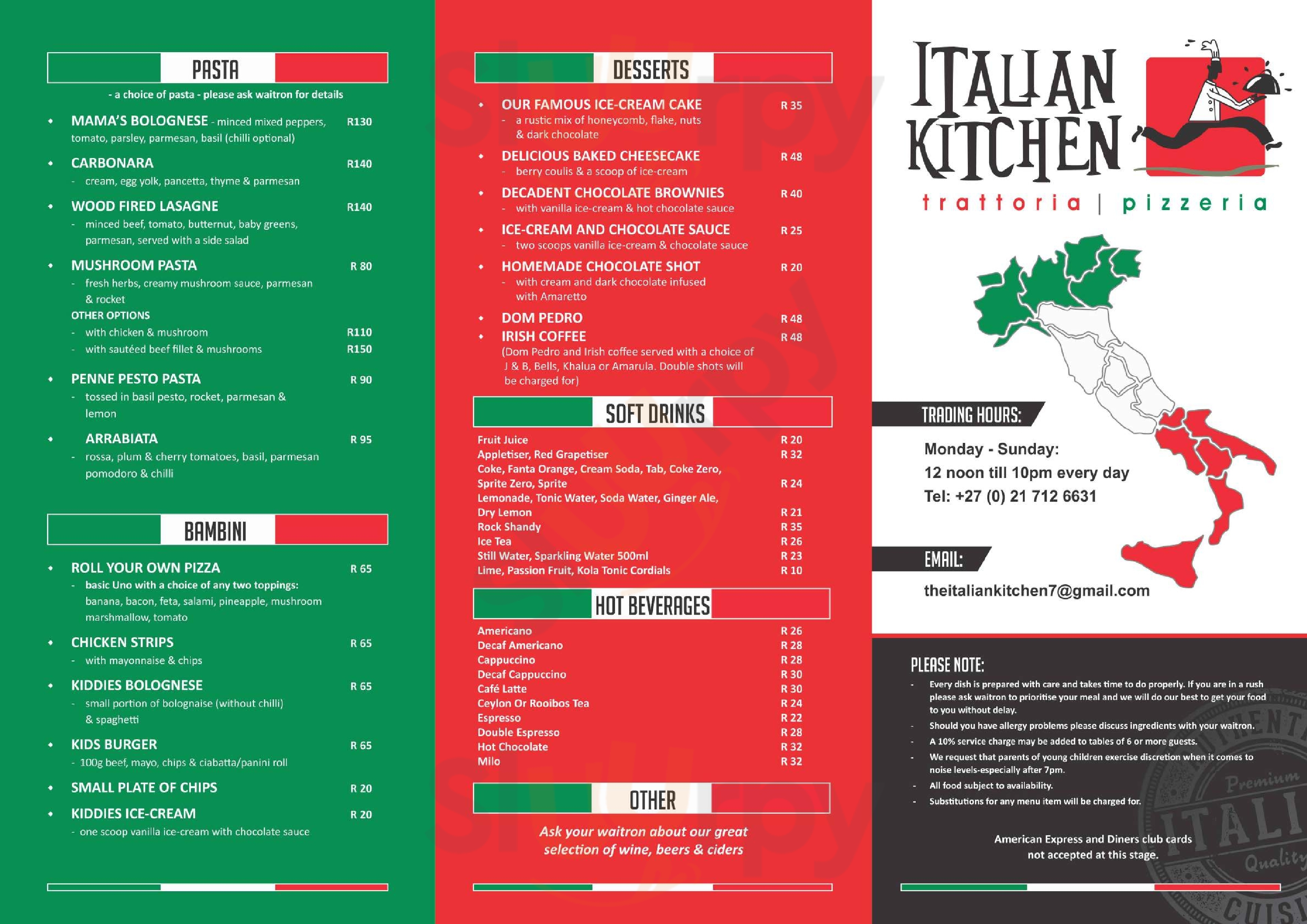 Italian Kitchen Diep River Cape Town Menu - 1