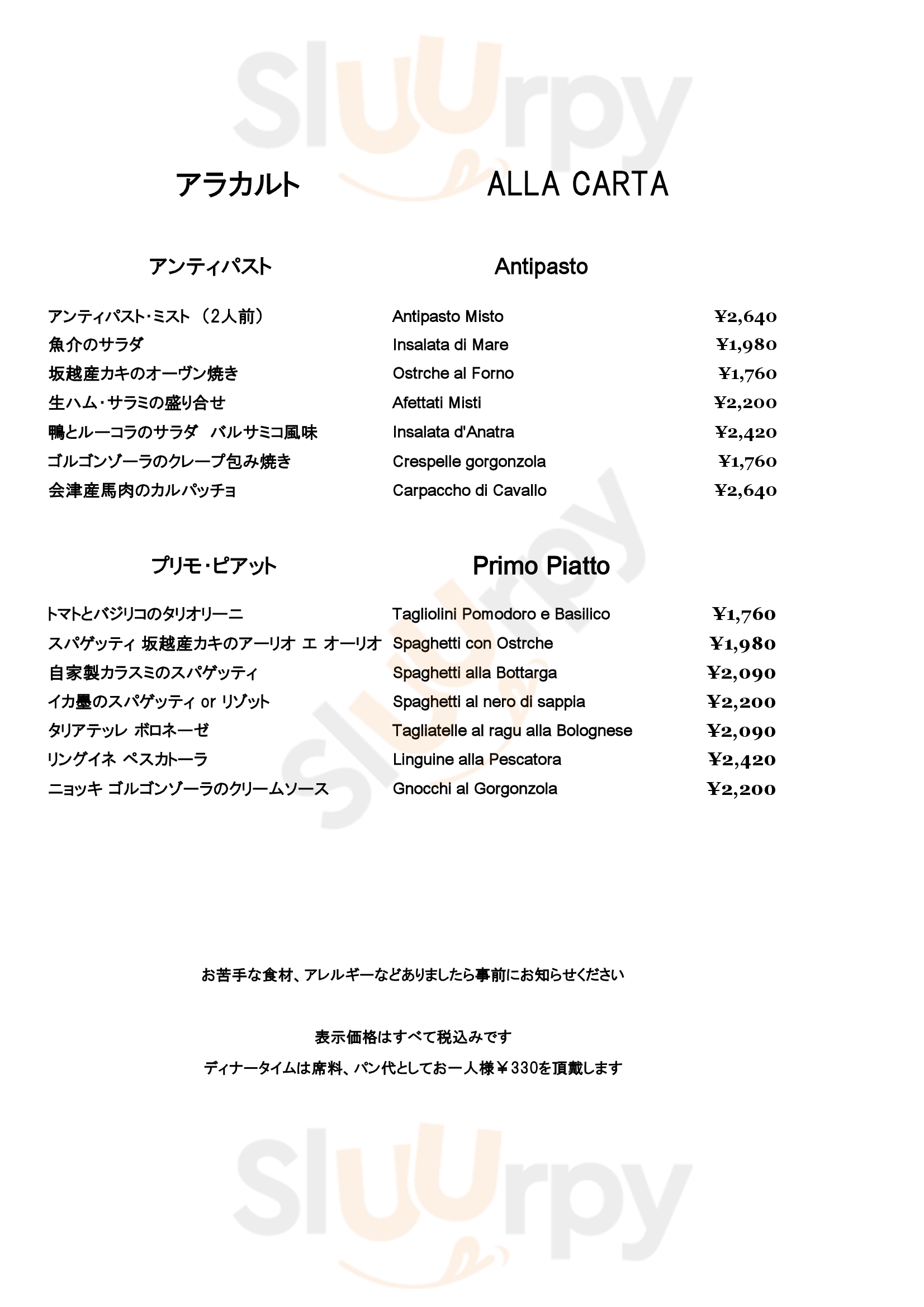 Main Menu - パスティチュリア・バールビアノピアーノ