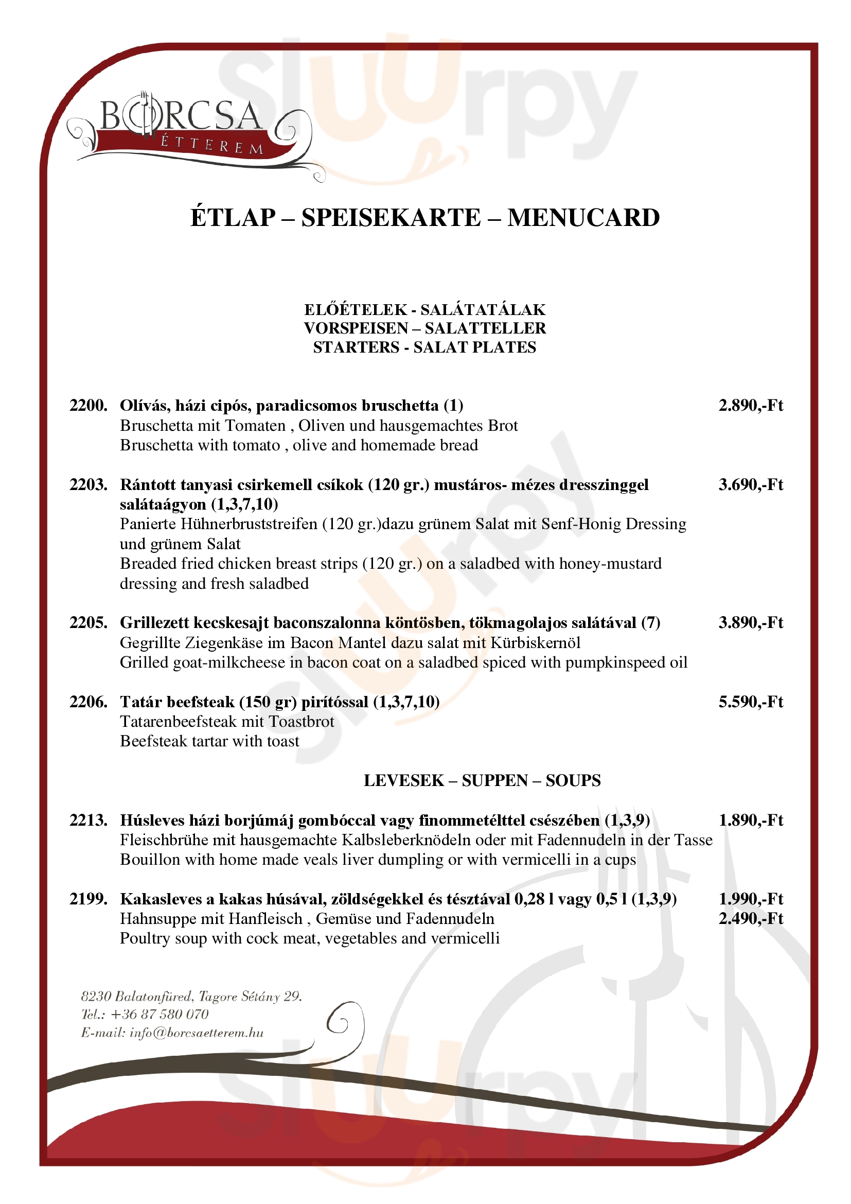 Borcsa Etterem Balatonfüred Menu - 1