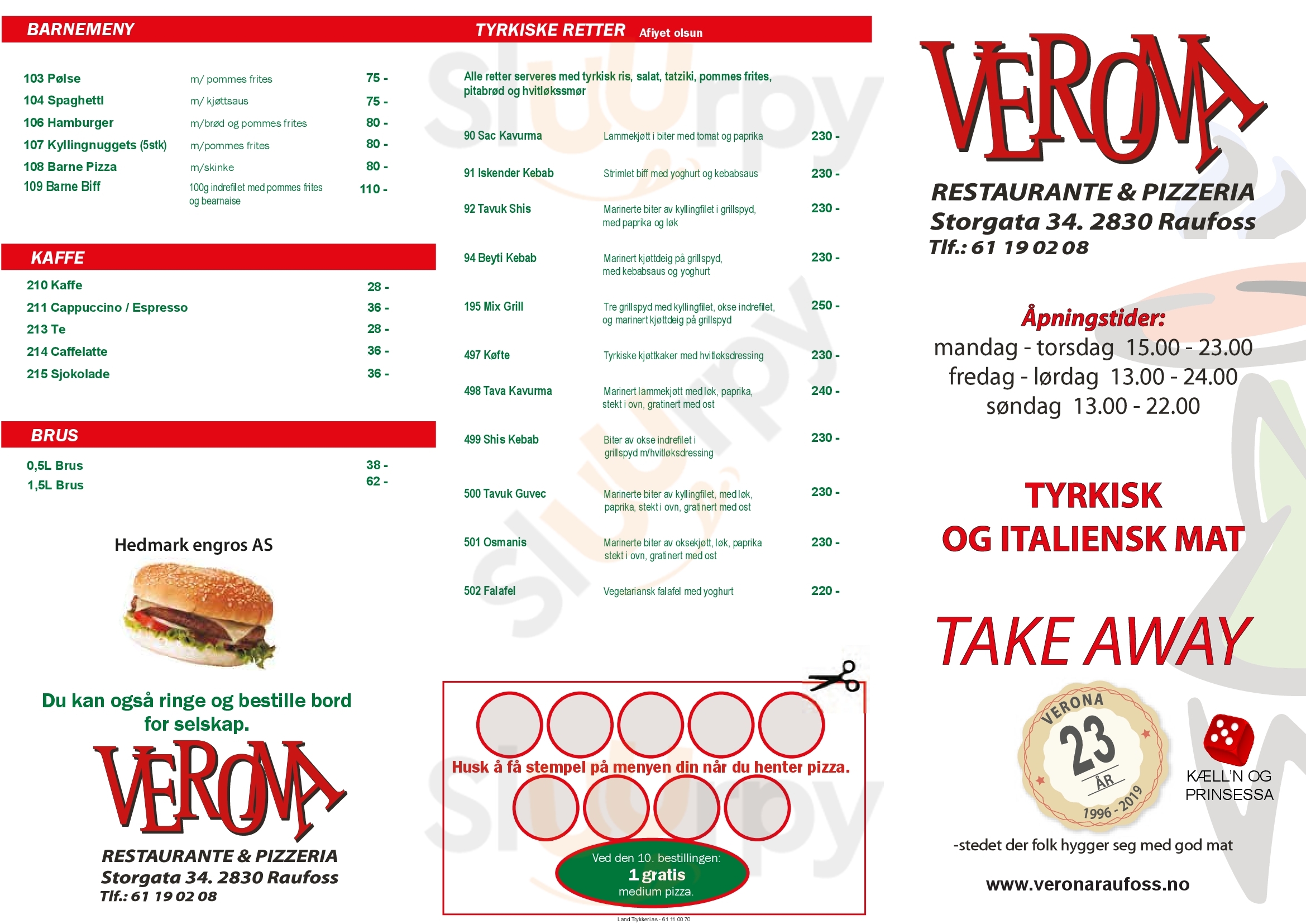 Verona Restaurant & Pizzeria Raufoss Menu - 1