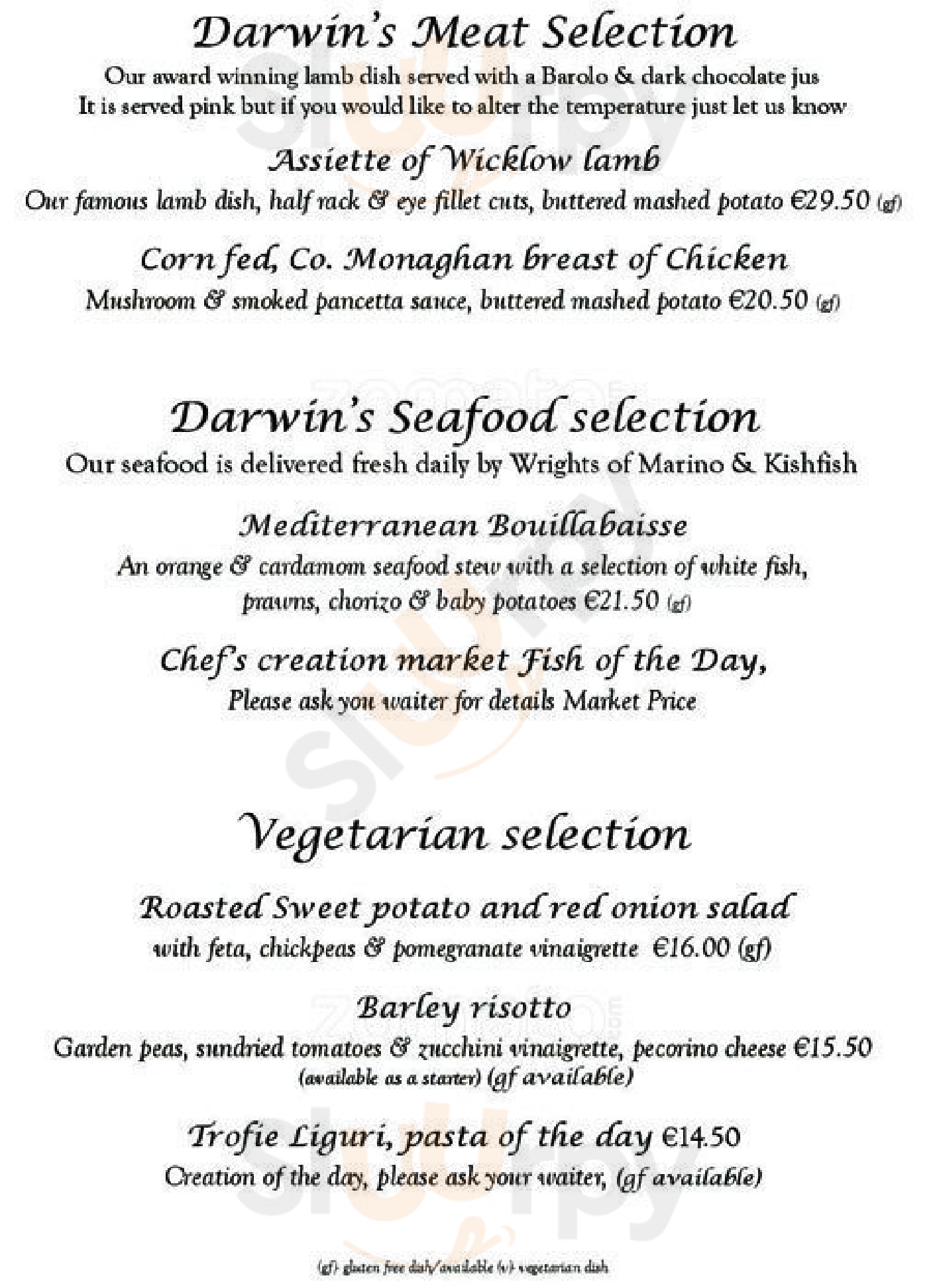 Darwins Restaurant Dublin Menu - 1