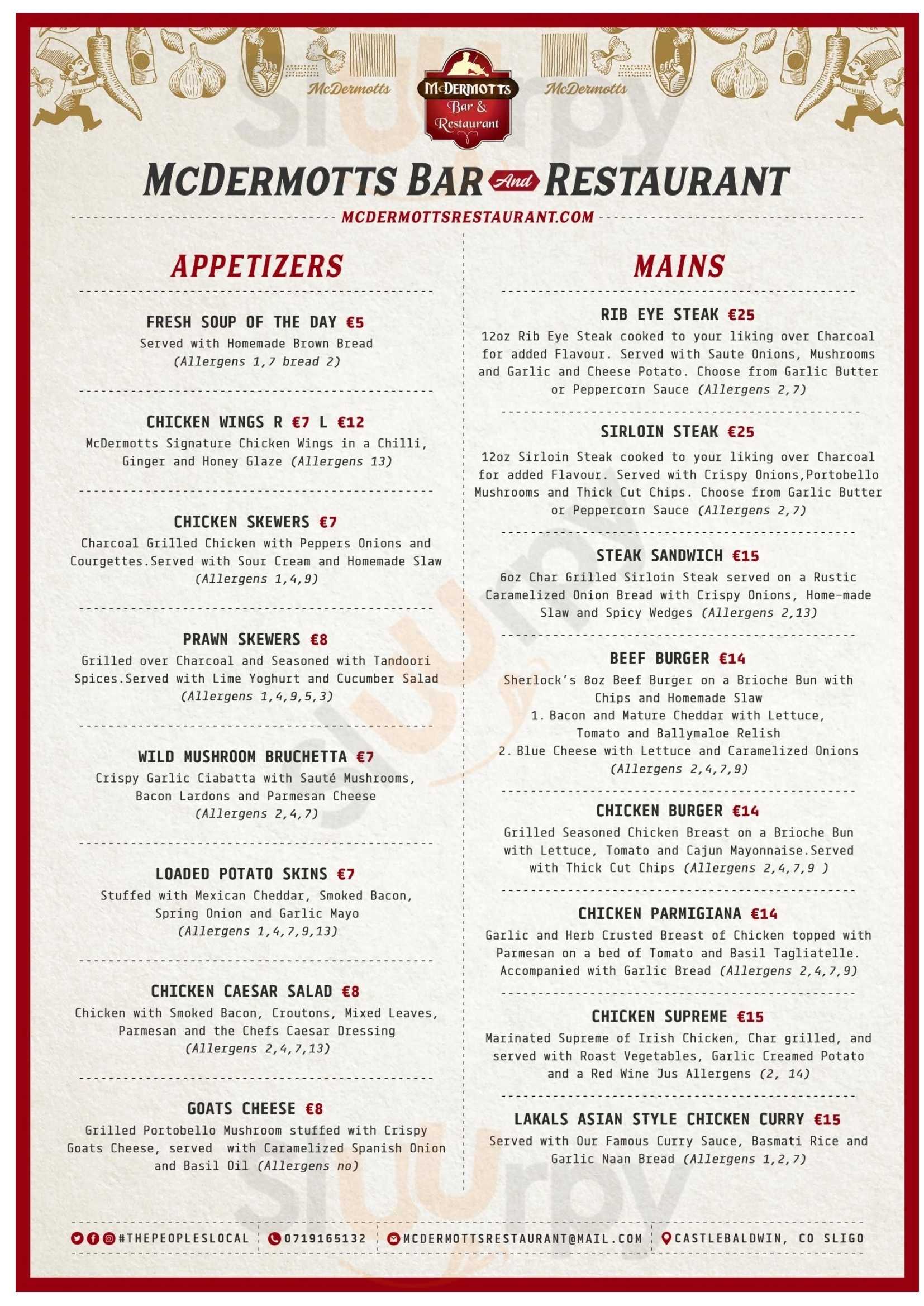 Mcdermott's Restaurant And Bar Castlebaldwin Menu - 1