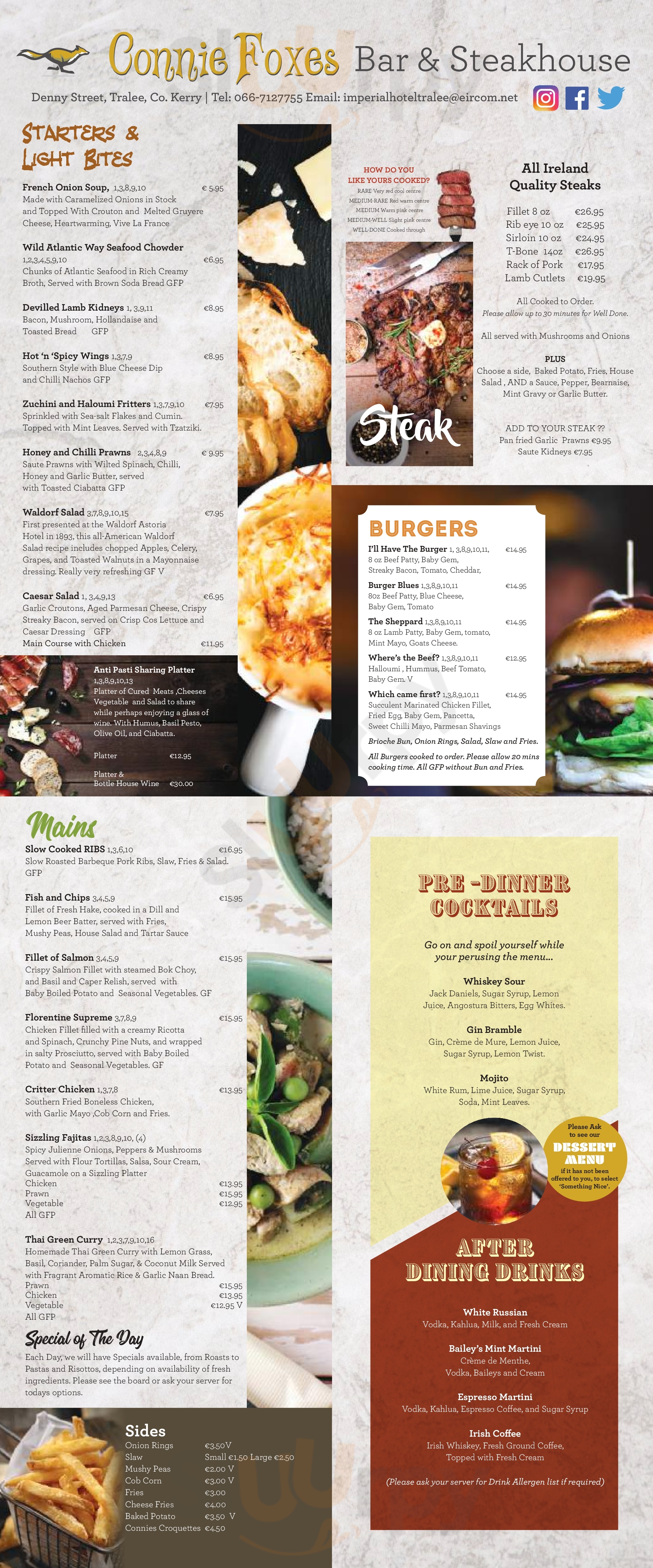 Connie Foxes Bar And Steakhouse @ The Imperial Hotel Tralee Menu - 1
