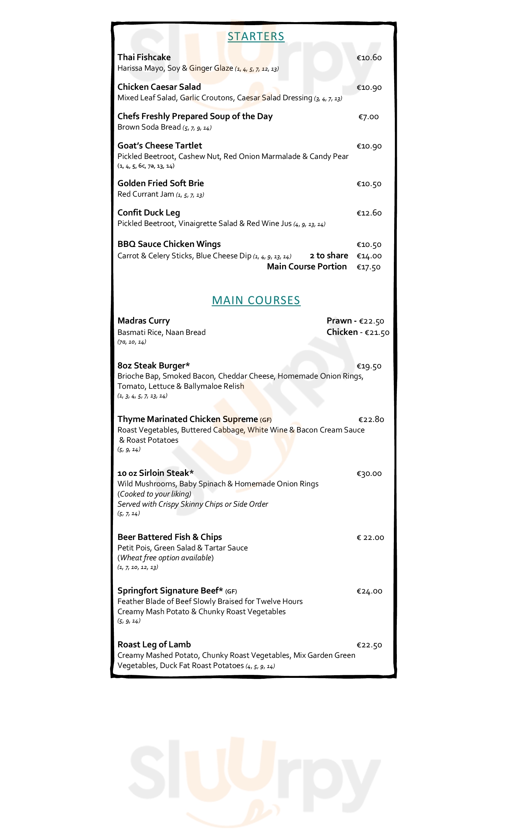 Springfort Hall Hotel Mallow Menu - 1