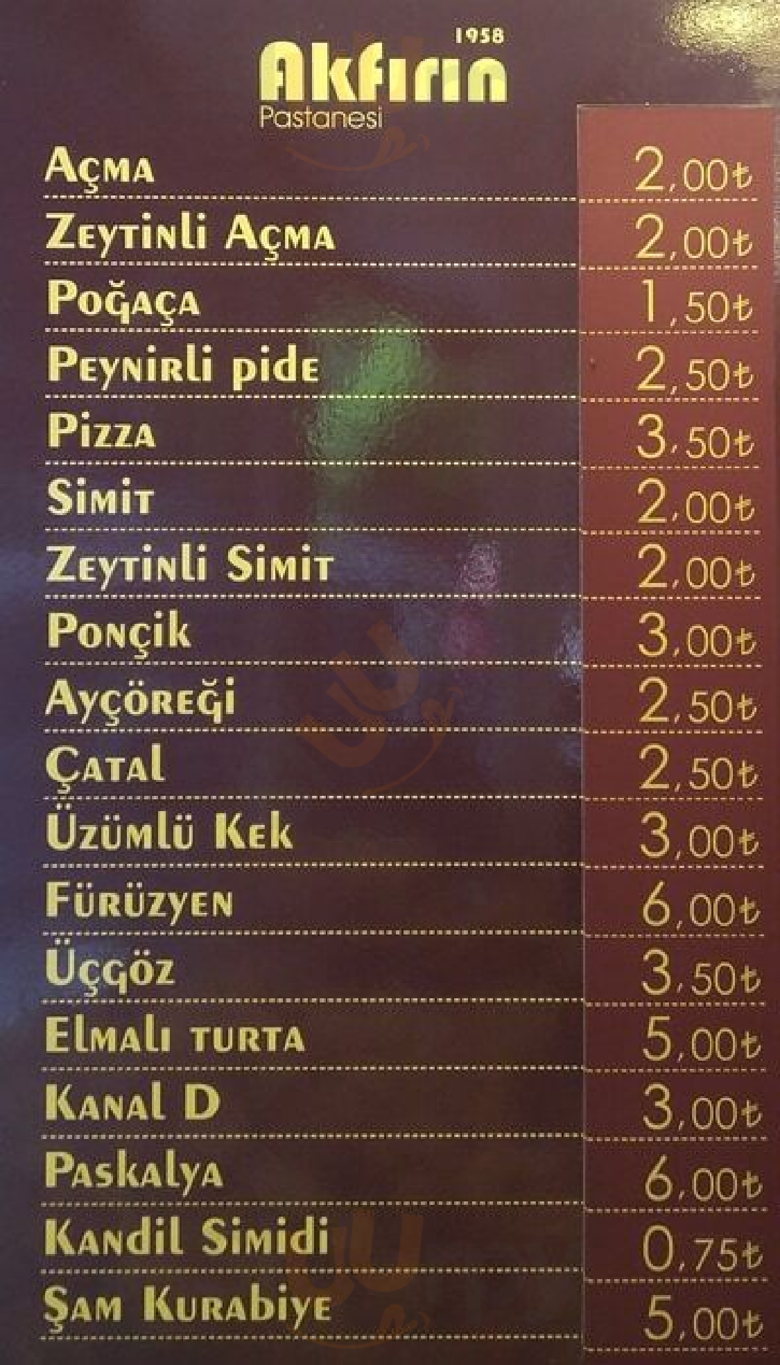 Akfırın Pastanesi İstanbul Menu - 1