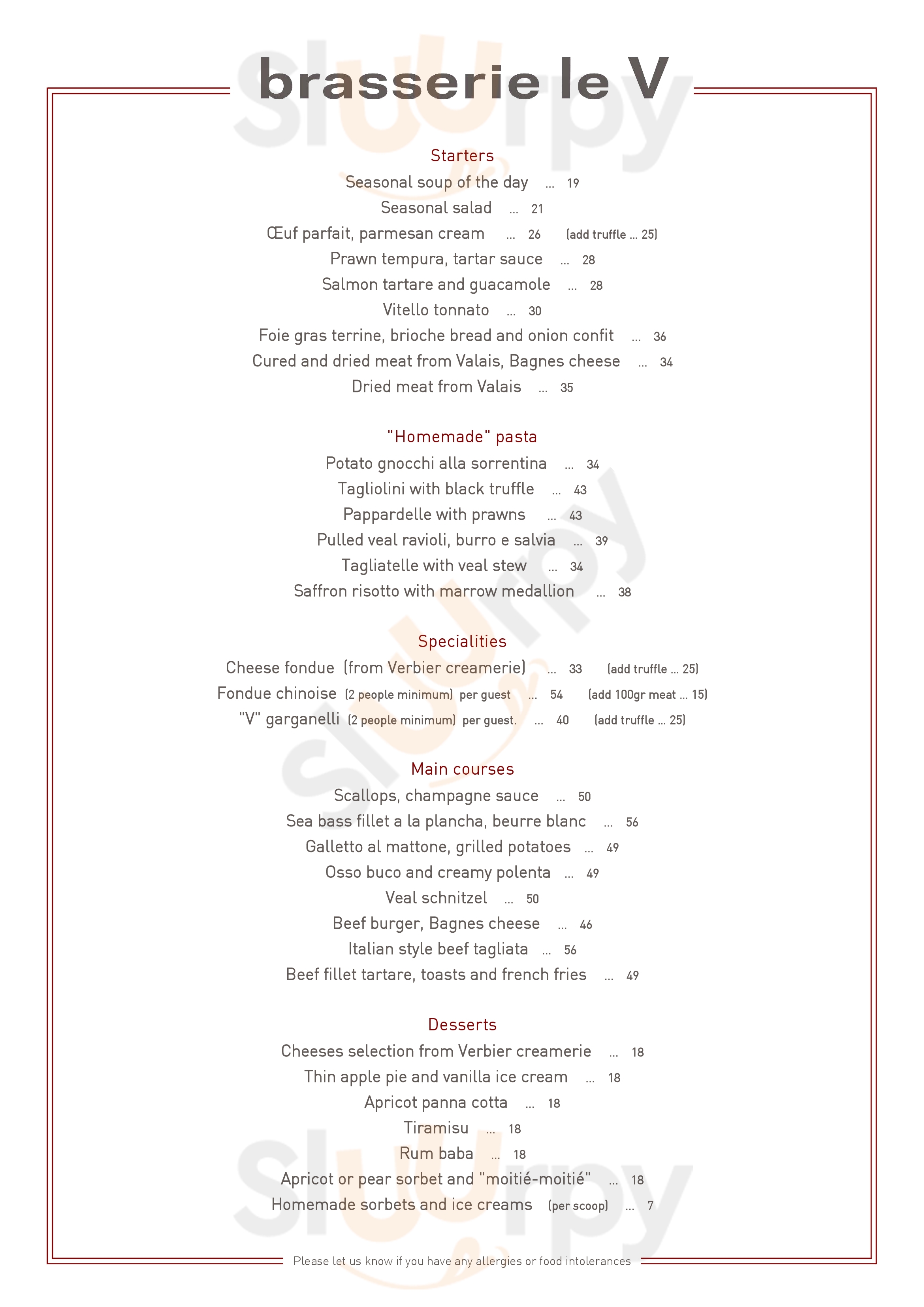 Brasserie Le V Verbier Menu - 1