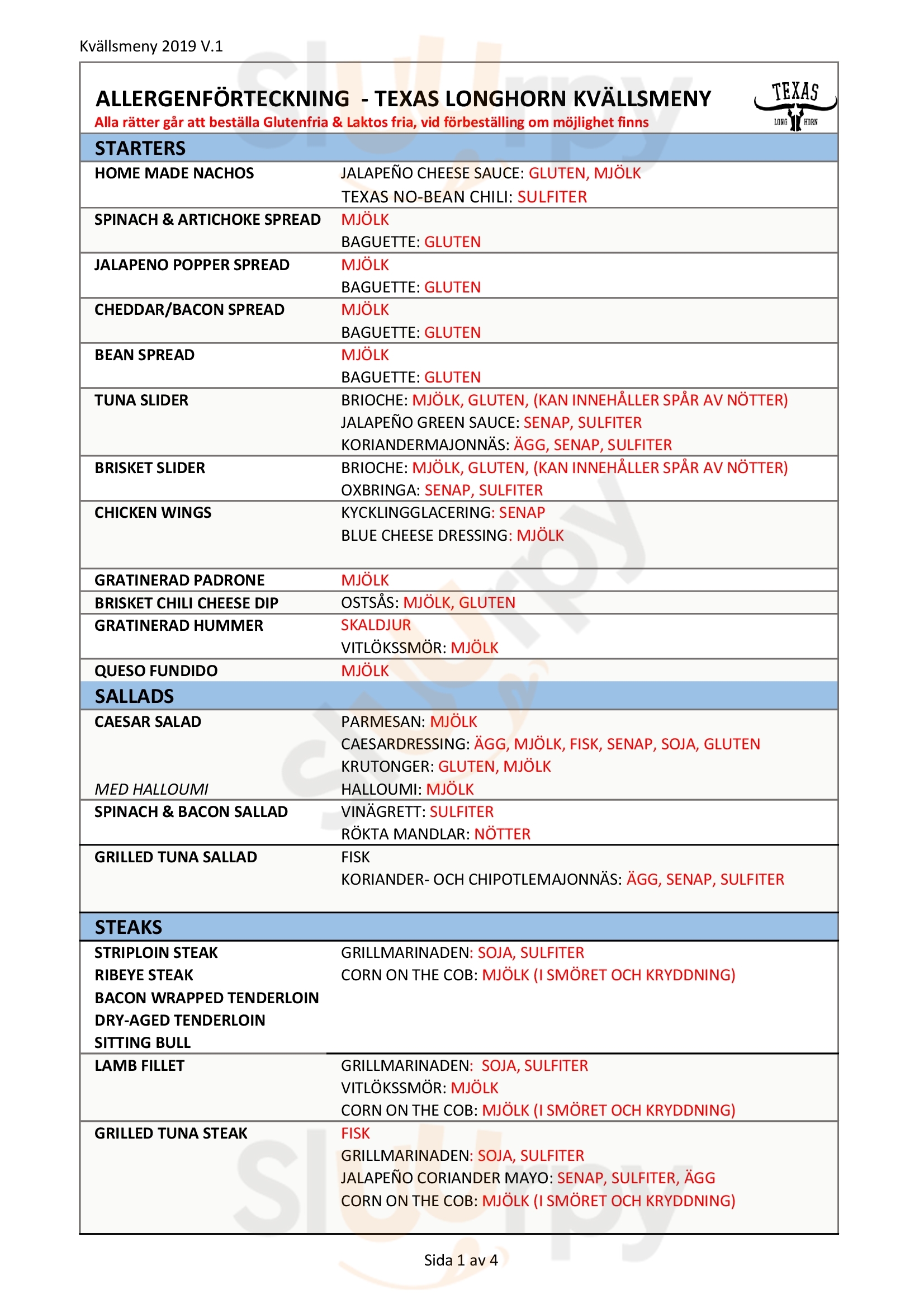 Texas Longhorn Stockholm Menu - 1